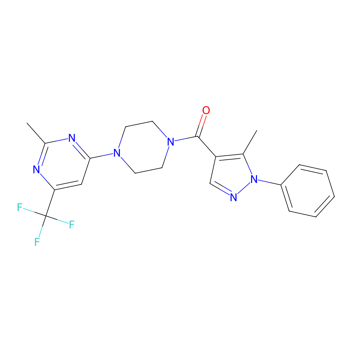(5-methyl-1-phenyl-1H-pyrazol-4-yl)(4-(2-methyl-6-(trifluoromethyl)pyrimidin-4-yl)piperazin-1-yl)methanone molecular structure, CAS 2034344-71-1
