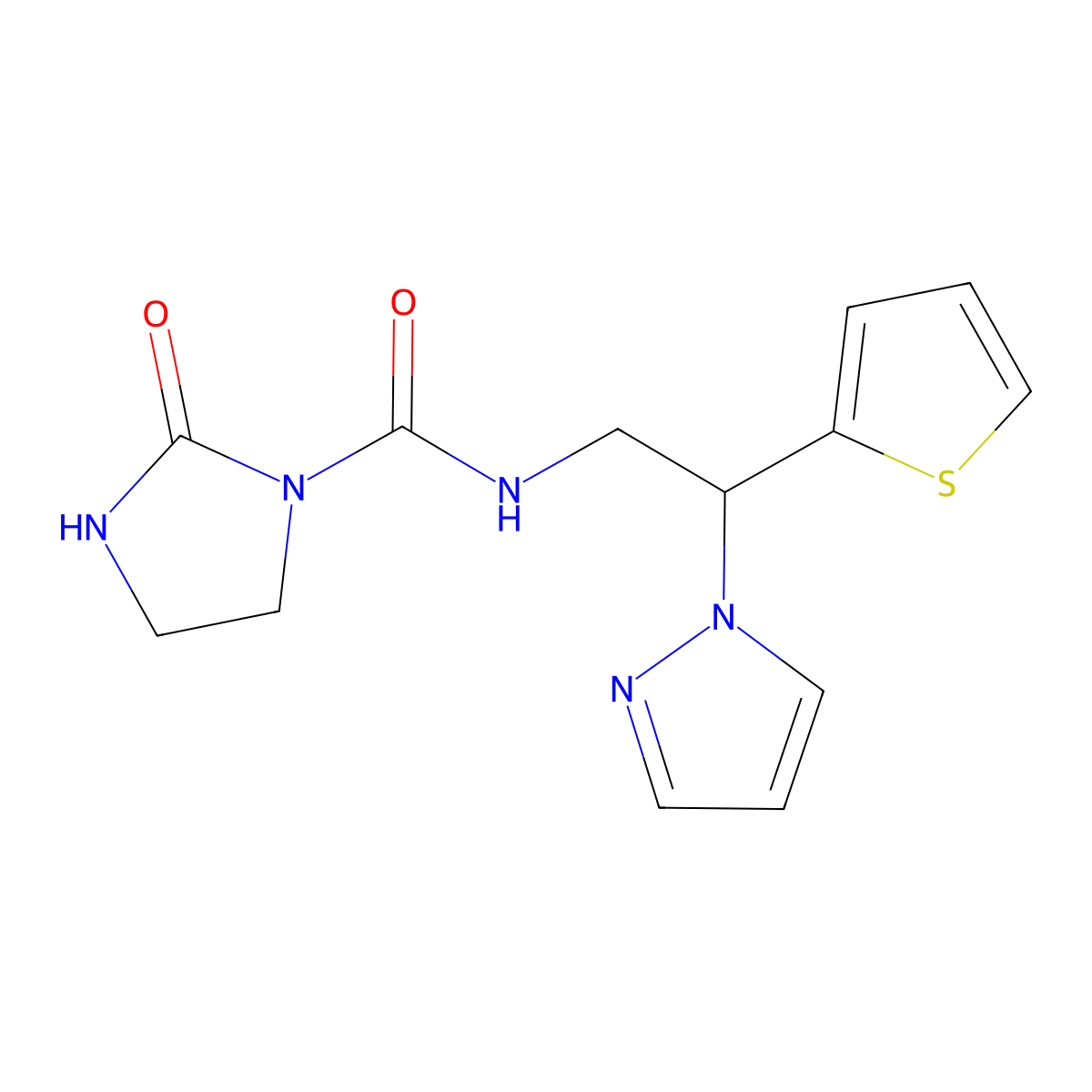 N-(2-(1H-pyrazol-1-yl)-2-(thiophen-2-yl)ethyl)-2-oxoimidazolidine-1-carboxamide molecular structure, CAS 2034344-77-7