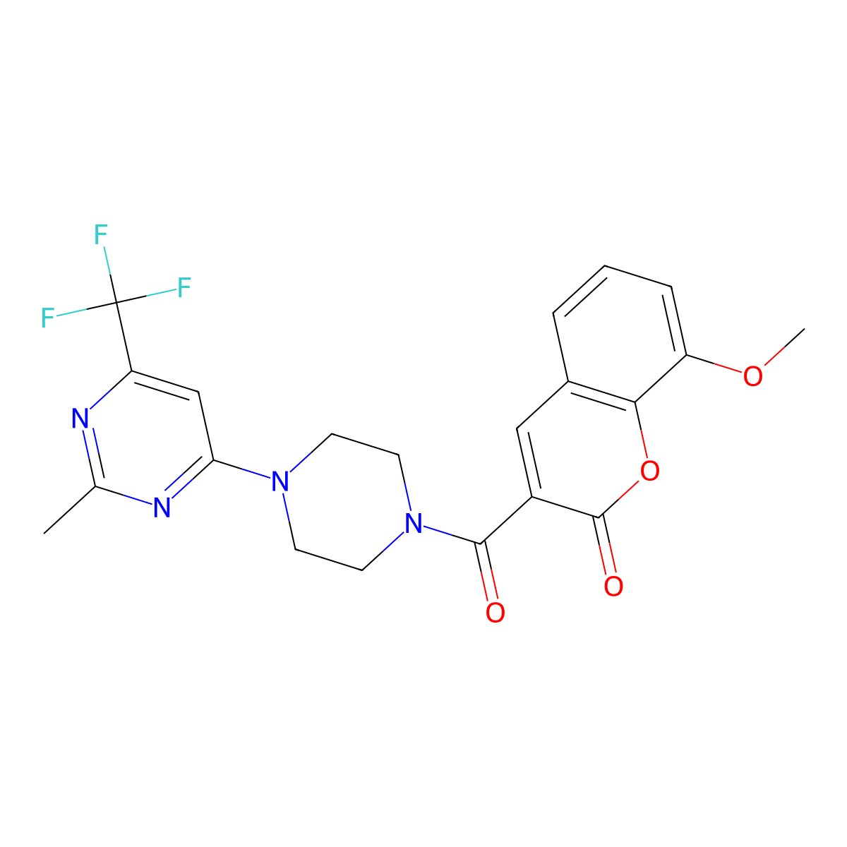 8-methoxy-3-{4-[2-methyl-6-(trifluoromethyl)pyrimidin-4-yl]piperazine-1-carbonyl}-2H-chromen-2-one molecular structure, CAS 2034344-85-7
