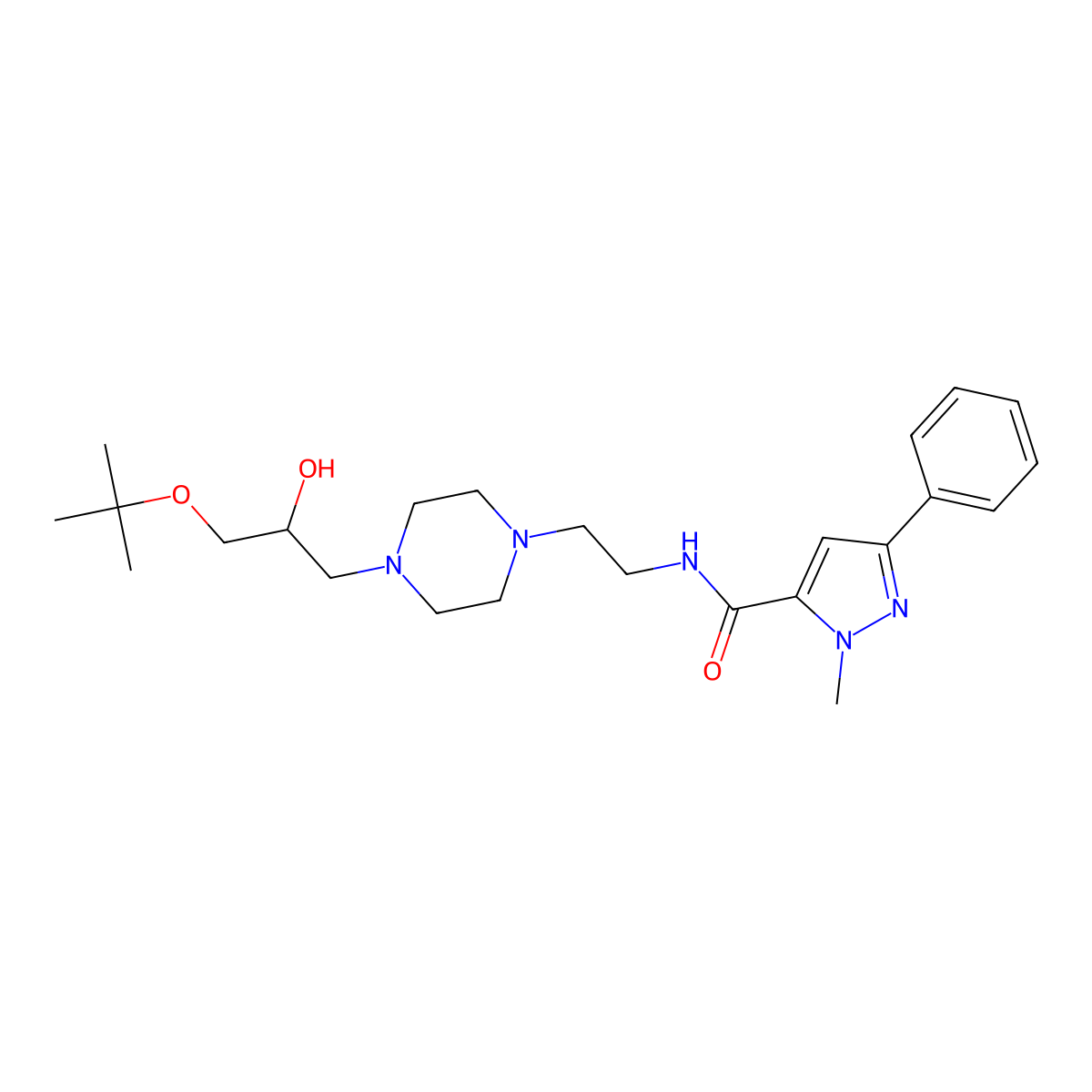 N-(2-(4-(3-(tert-butoxy)-2-hydroxypropyl)piperazin-1-yl)ethyl)-1-methyl-3-phenyl-1H-pyrazole-5-carboxamide molecular structure, CAS 2034344-87-9