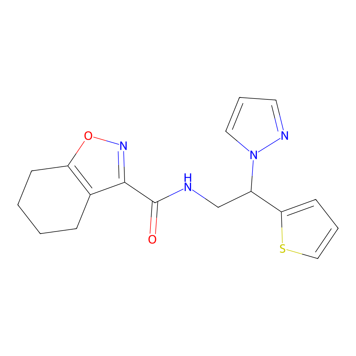 N-(2-(1H-pyrazol-1-yl)-2-(thiophen-2-yl)ethyl)-4,5,6,7-tetrahydrobenzo[d]isoxazole-3-carboxamide molecular structure, CAS 2034344-89-1