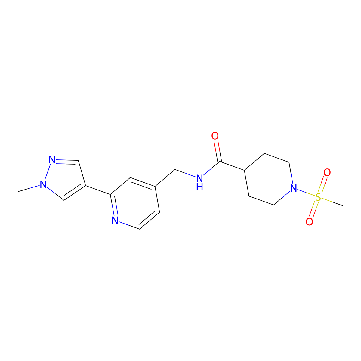 N-((2-(1-methyl-1H-pyrazol-4-yl)pyridin-4-yl)methyl)-1-(methylsulfonyl)piperidine-4-carboxamide molecular structure, CAS 2034344-95-9