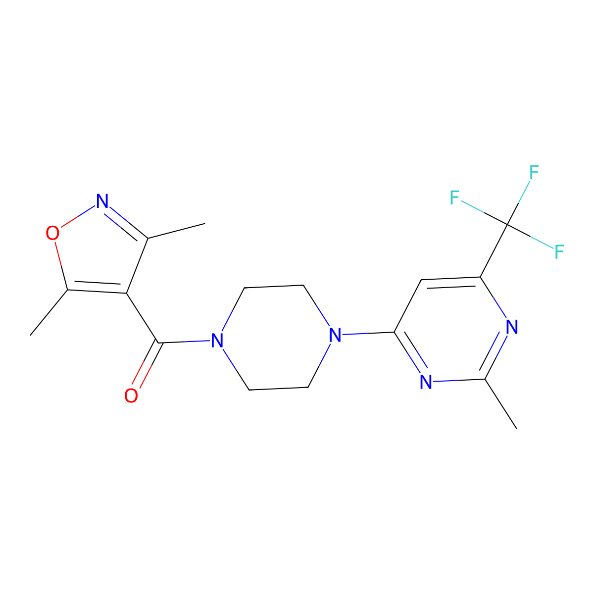 (3,5-Dimethylisoxazol-4-yl)(4-(2-methyl-6-(trifluoromethyl)pyrimidin-4-yl)piperazin-1-yl)methanone molecular structure, CAS 2034344-99-3