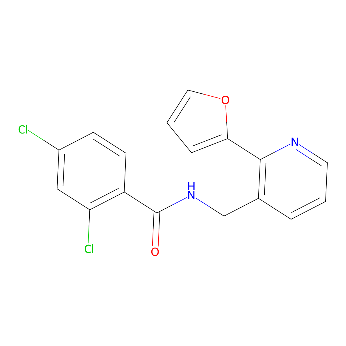 2,4-dichloro-N-((2-(furan-2-yl)pyridin-3-yl)methyl)benzamide molecular structure, CAS 2034345-00-9