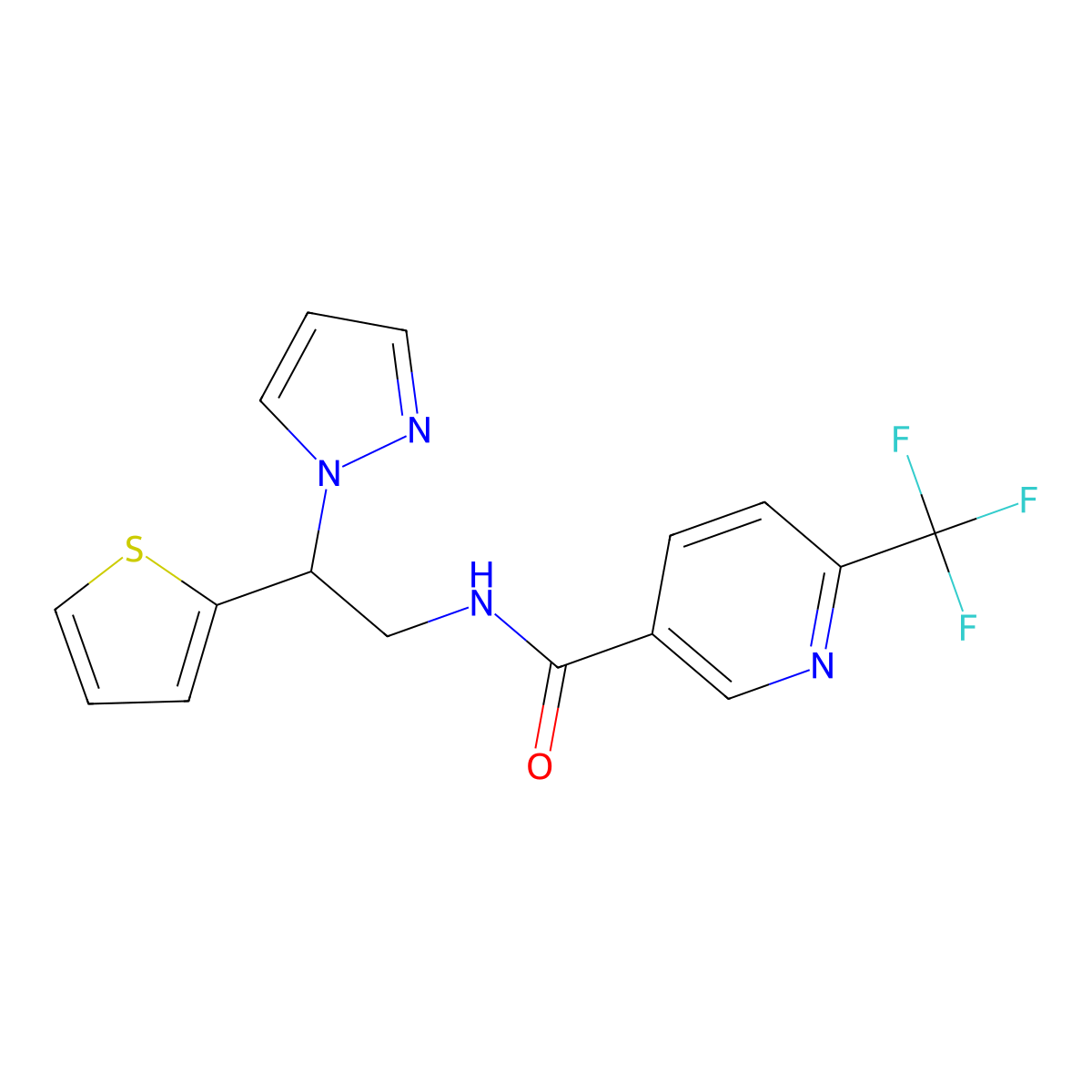 N-(2-(1H-pyrazol-1-yl)-2-(thiophen-2-yl)ethyl)-6-(trifluoromethyl)nicotinamide molecular structure, CAS 2034345-01-0