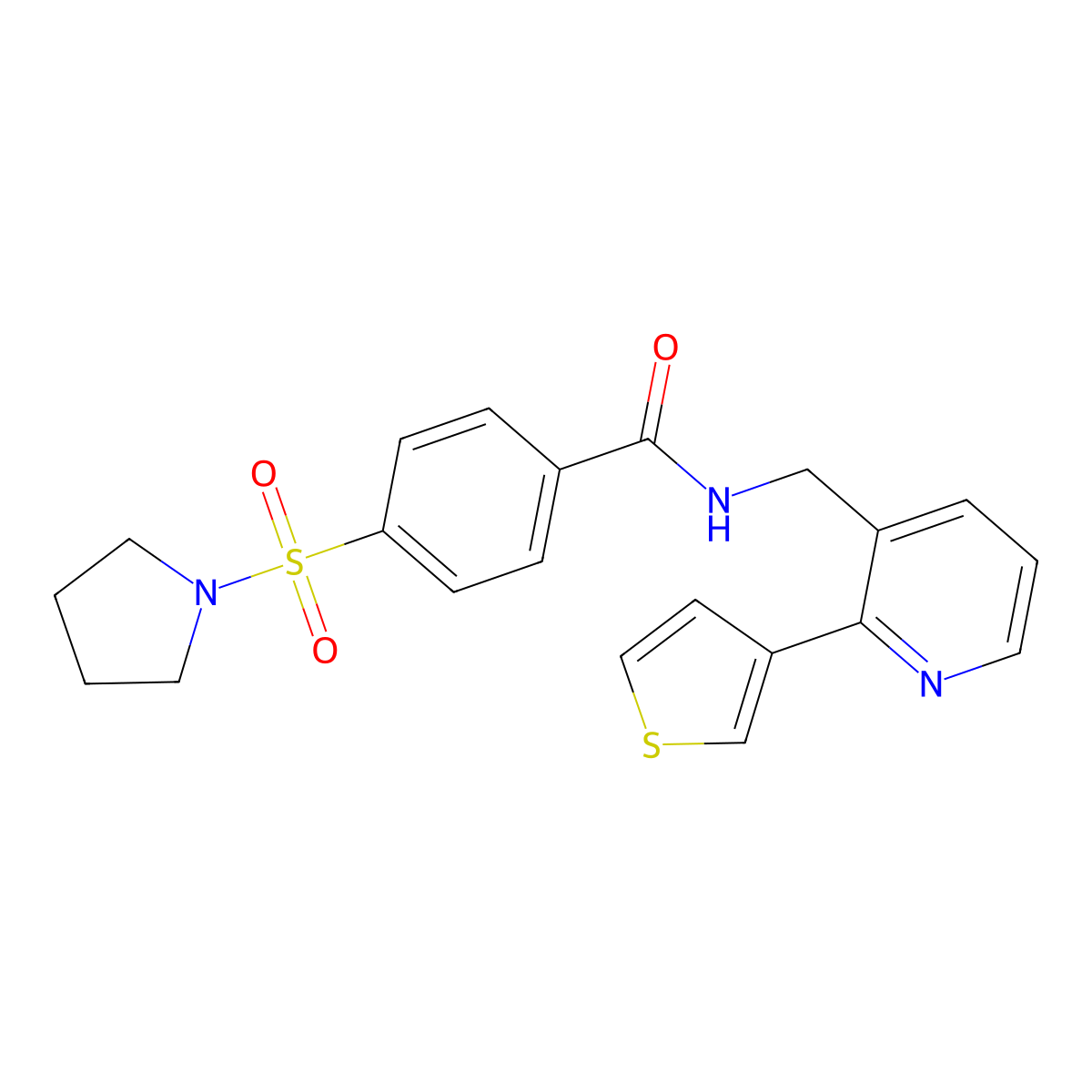 4-(pyrrolidin-1-ylsulfonyl)-N-((2-(thiophen-3-yl)pyridin-3-yl)methyl)benzamide molecular structure, CAS 2034345-02-1