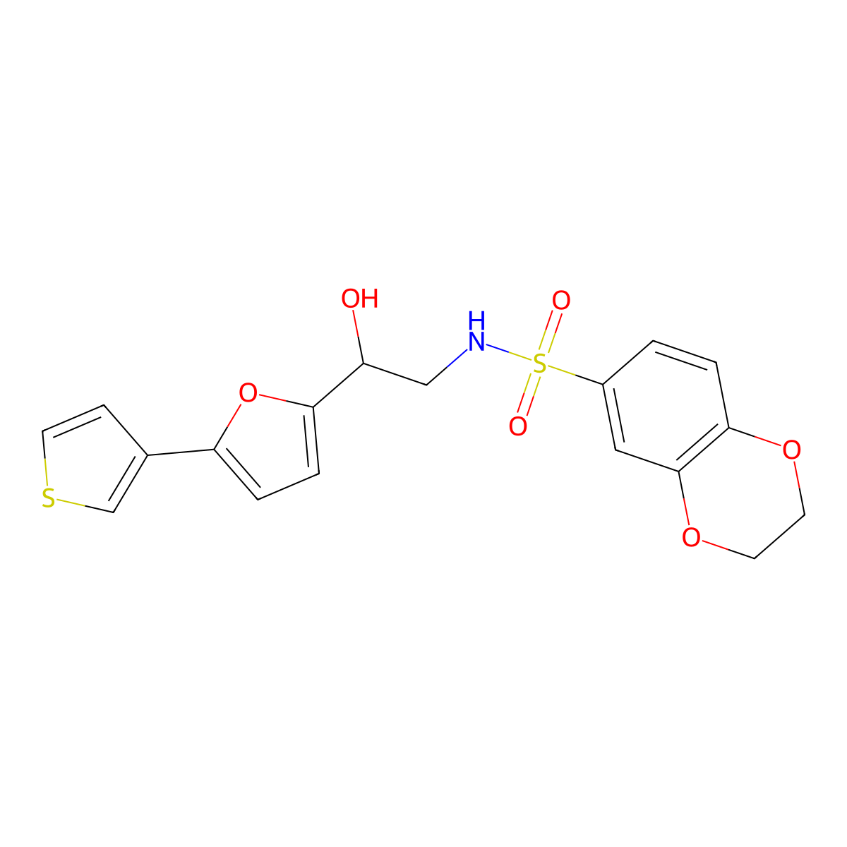 N-(2-hydroxy-2-(5-(thiophen-3-yl)furan-2-yl)ethyl)-2,3-dihydrobenzo[b][1,4]dioxine-6-sulfonamide molecular structure, CAS 2034345-07-6