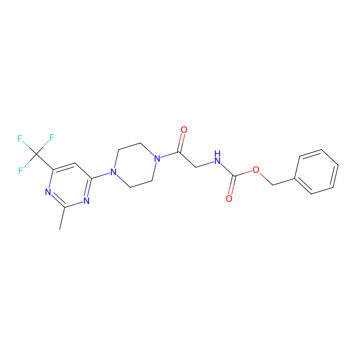Benzyl (2-(4-(2-methyl-6-(trifluoromethyl)pyrimidin-4-yl)piperazin-1-yl)-2-oxoethyl)carbamate molecular structure, CAS 2034345-09-8