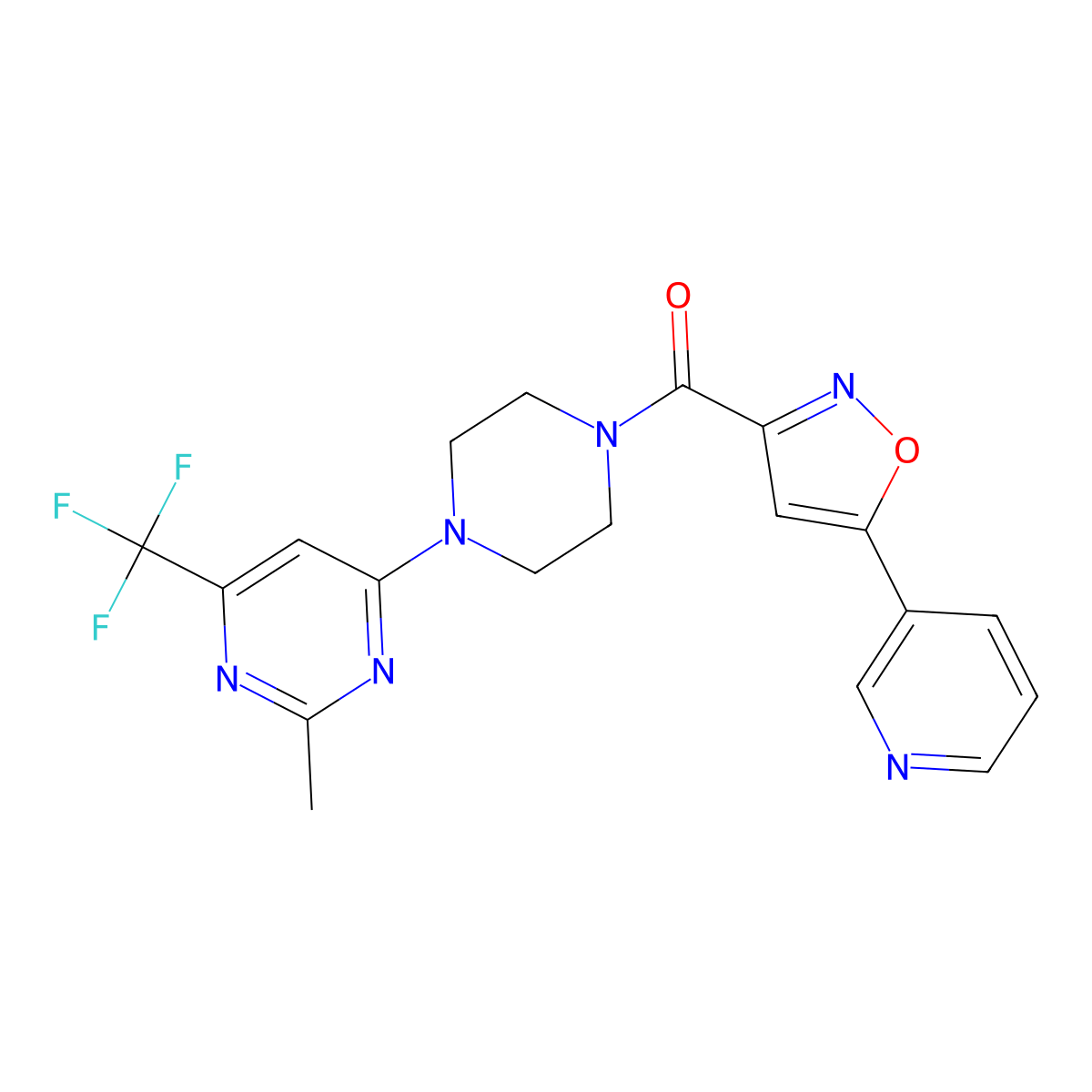 (4-(2-Methyl-6-(trifluoromethyl)pyrimidin-4-yl)piperazin-1-yl)(5-(pyridin-3-yl)isoxazol-3-yl)methanone molecular structure, CAS 2034345-22-5