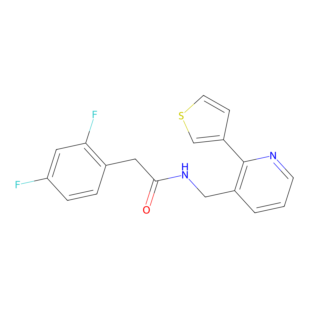 2-(2,4-difluorophenyl)-N-((2-(thiophen-3-yl)pyridin-3-yl)methyl)acetamide molecular structure, CAS 2034345-23-6