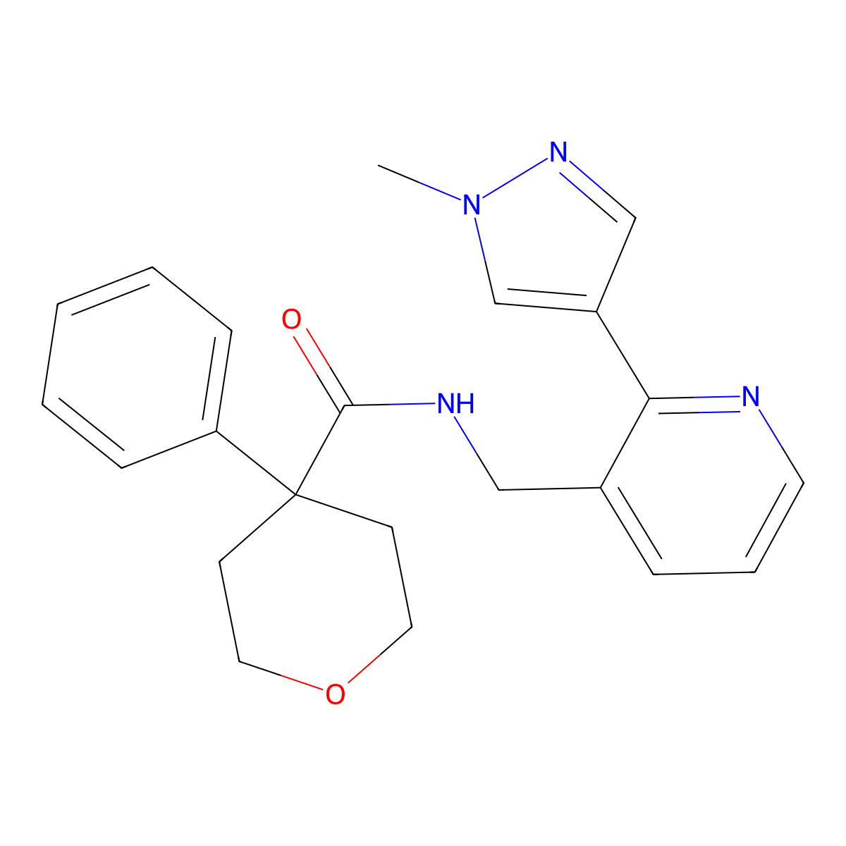 N-((2-(1-methyl-1H-pyrazol-4-yl)pyridin-3-yl)methyl)-4-phenyltetrahydro-2H-pyran-4-carboxamide molecular structure, CAS 2034345-24-7