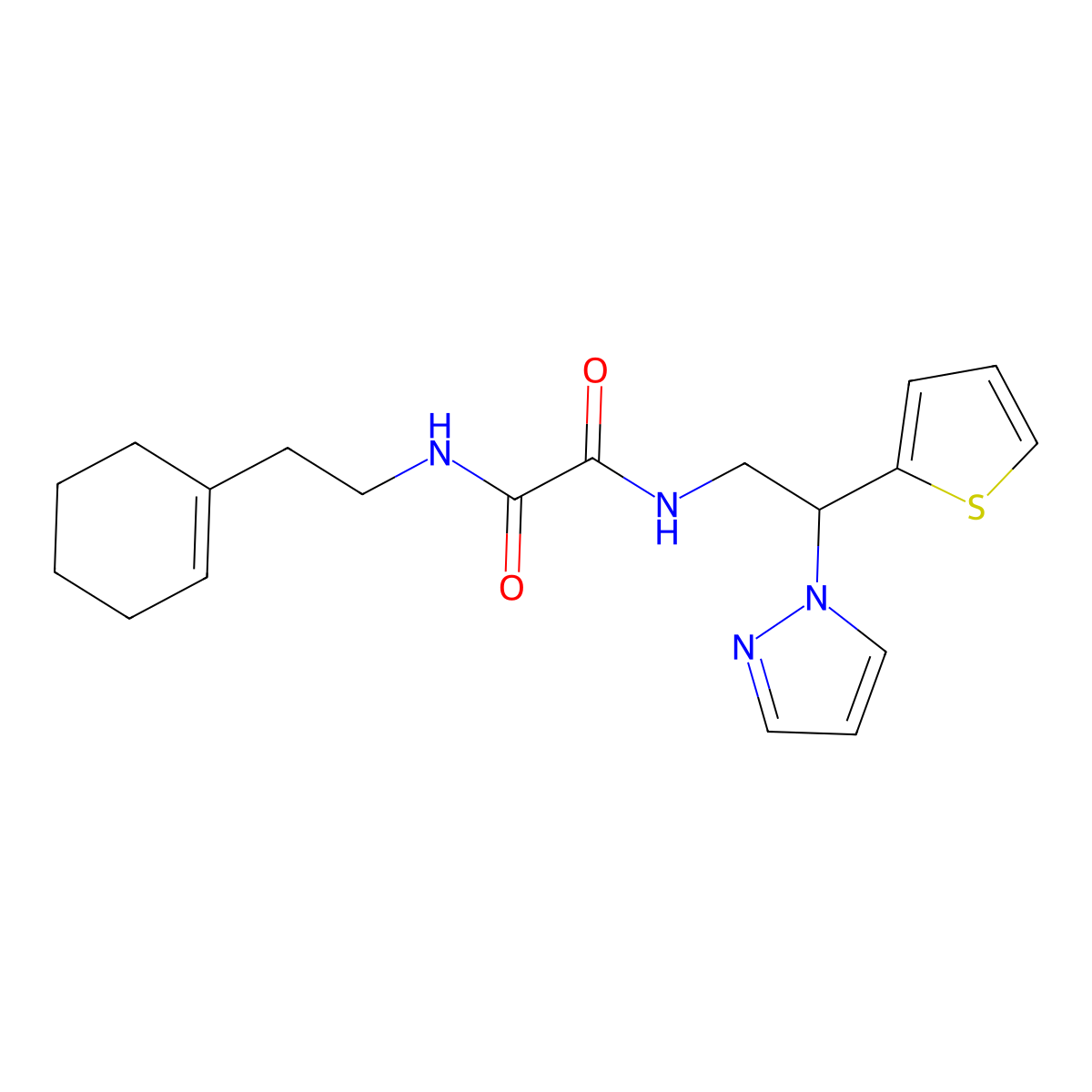 N1-(2-(1H-pyrazol-1-yl)-2-(thiophen-2-yl)ethyl)-N2-(2-(cyclohex-1-en-1-yl)ethyl)oxalamide molecular structure, CAS 2034345-26-9