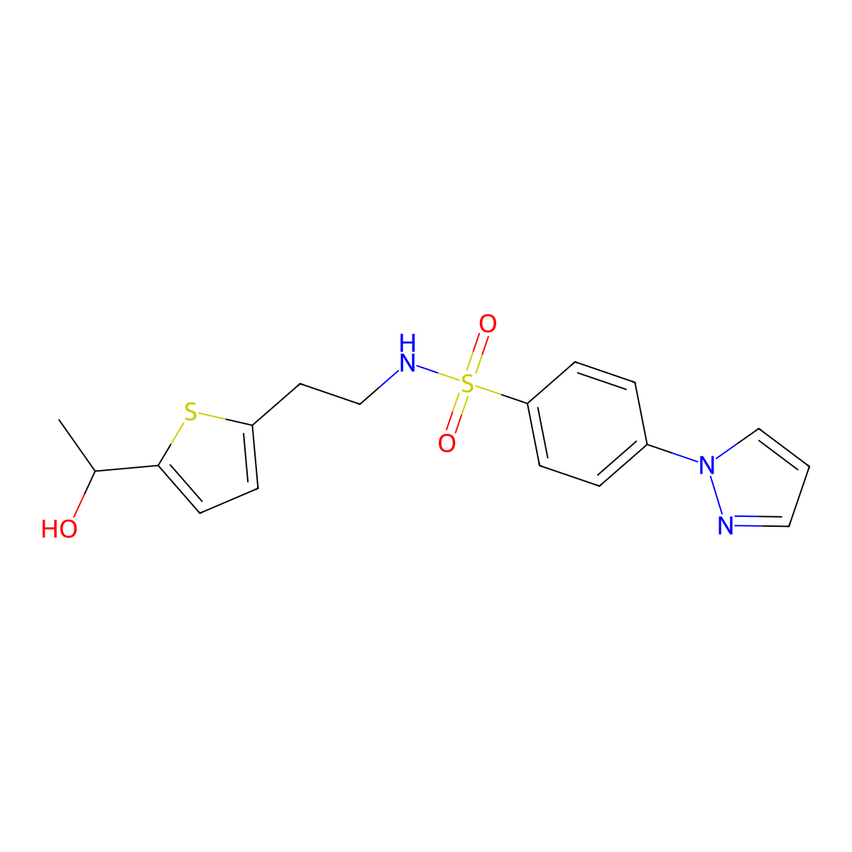 N-(2-(5-(1-hydroxyethyl)thiophen-2-yl)ethyl)-4-(1H-pyrazol-1-yl)benzenesulfonamide molecular structure, CAS 2034345-28-1