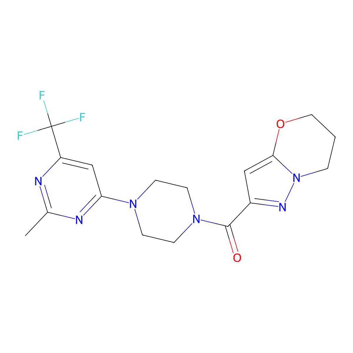 (6,7-dihydro-5H-pyrazolo[5,1-b][1,3]oxazin-2-yl)(4-(2-methyl-6-(trifluoromethyl)pyrimidin-4-yl)piperazin-1-yl)methanone molecular structure, CAS 2034345-36-1
