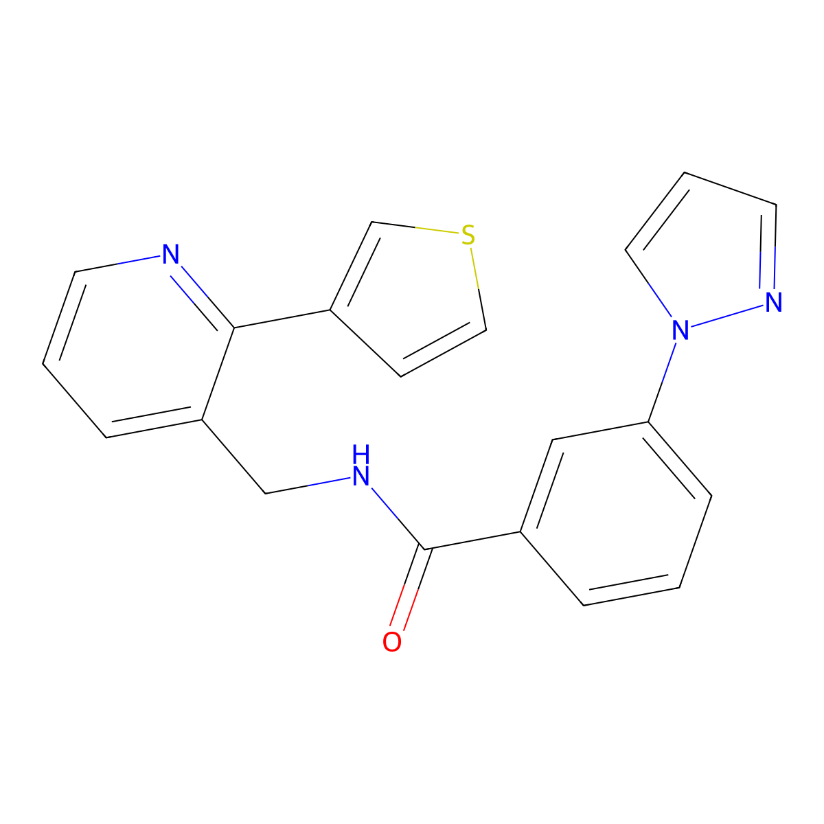 3-(1H-pyrazol-1-yl)-N-((2-(thiophen-3-yl)pyridin-3-yl)methyl)benzamide molecular structure, CAS 2034345-38-3