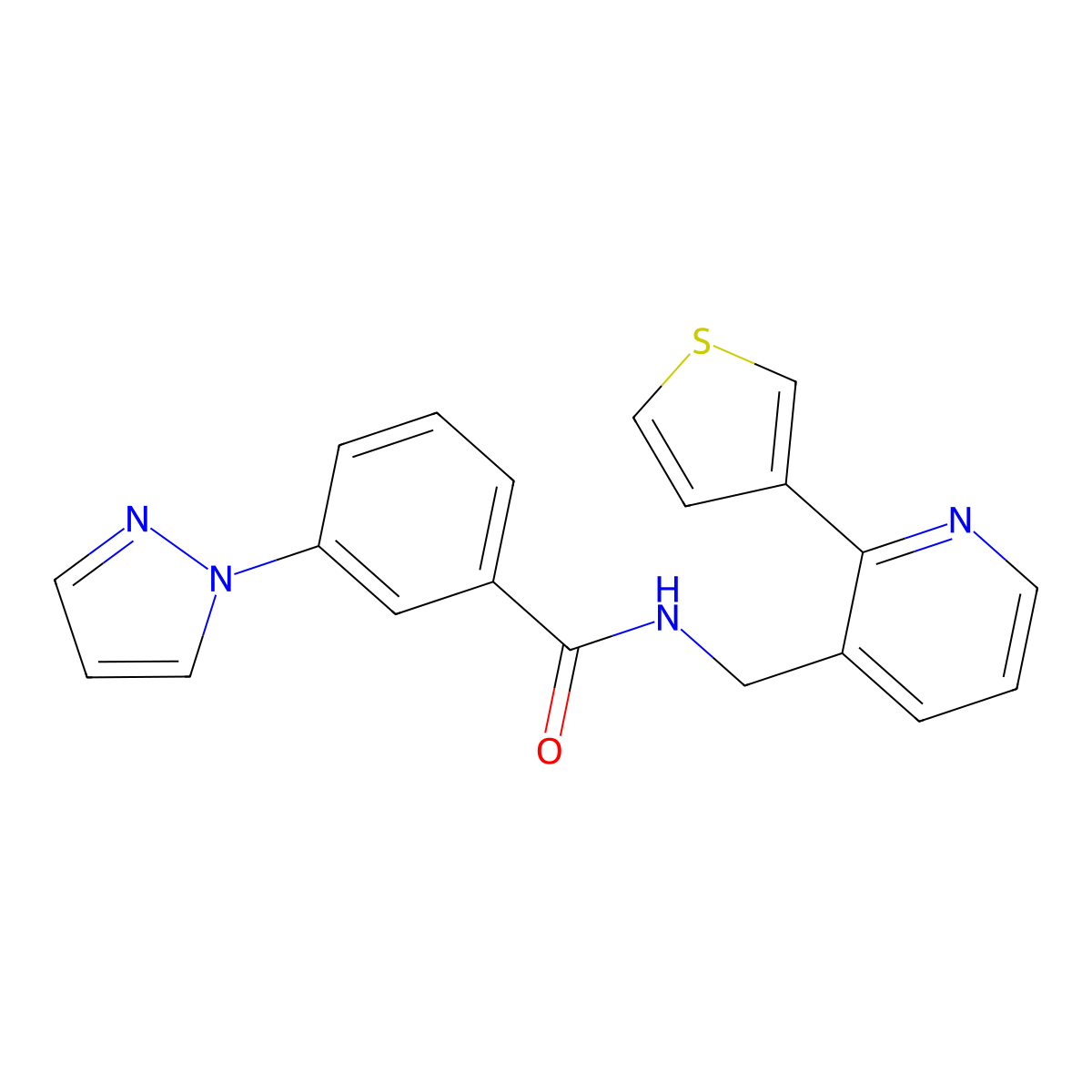 3-(1H-pyrazol-1-yl)-N-((2-(thiophen-3-yl)pyridin-3-yl)methyl)benzamide molecular structure, CAS 2034345-38-3
