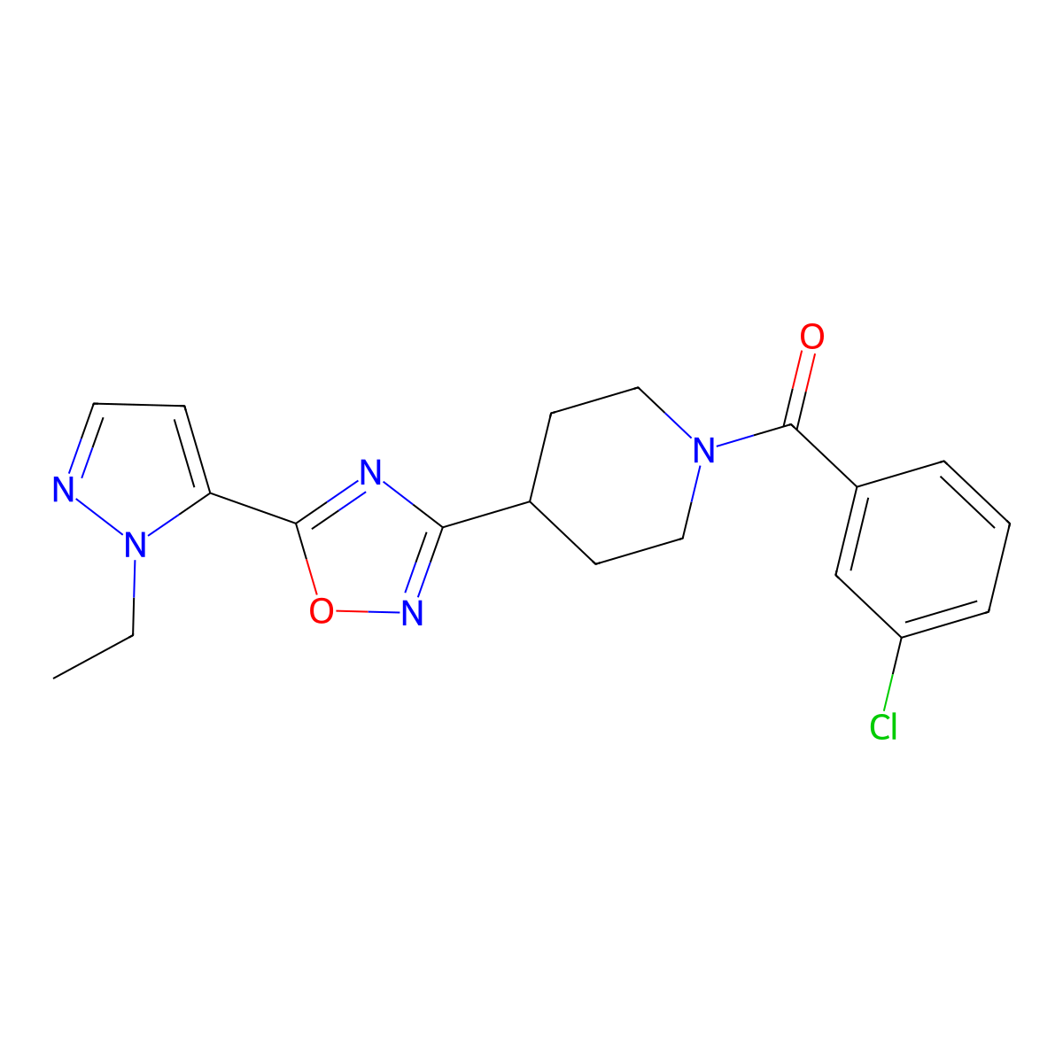 (3-chlorophenyl)(4-(5-(1-ethyl-1H-pyrazol-5-yl)-1,2,4-oxadiazol-3-yl)piperidin-1-yl)methanone molecular structure, CAS 2034345-41-8