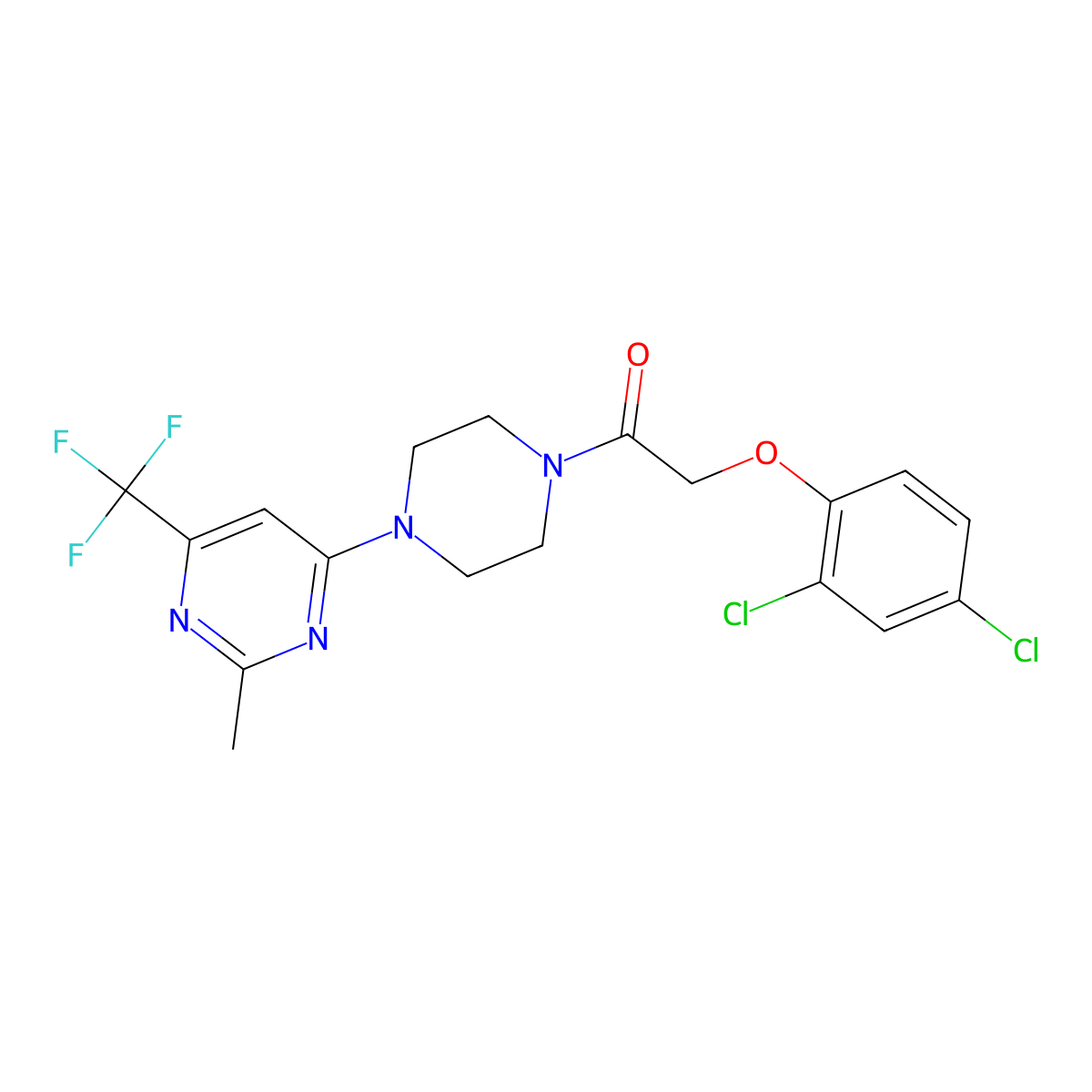2-(2,4-Dichlorophenoxy)-1-(4-(2-methyl-6-(trifluoromethyl)pyrimidin-4-yl)piperazin-1-yl)ethanone molecular structure, CAS 2034345-46-3
