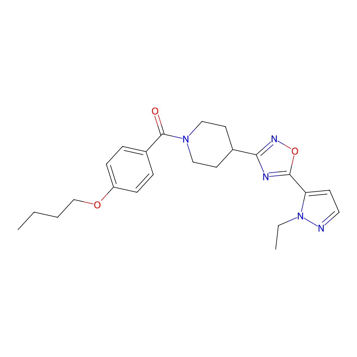 (4-butoxyphenyl)(4-(5-(1-ethyl-1H-pyrazol-5-yl)-1,2,4-oxadiazol-3-yl)piperidin-1-yl)methanone molecular structure, CAS 2034345-48-5