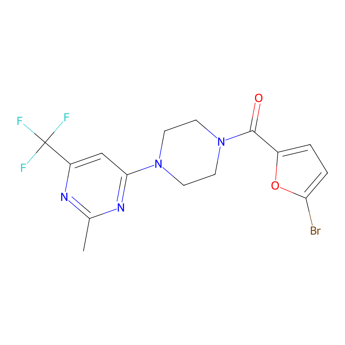(5-Bromofuran-2-yl)(4-(2-methyl-6-(trifluoromethyl)pyrimidin-4-yl)piperazin-1-yl)methanone molecular structure, CAS 2034345-51-0