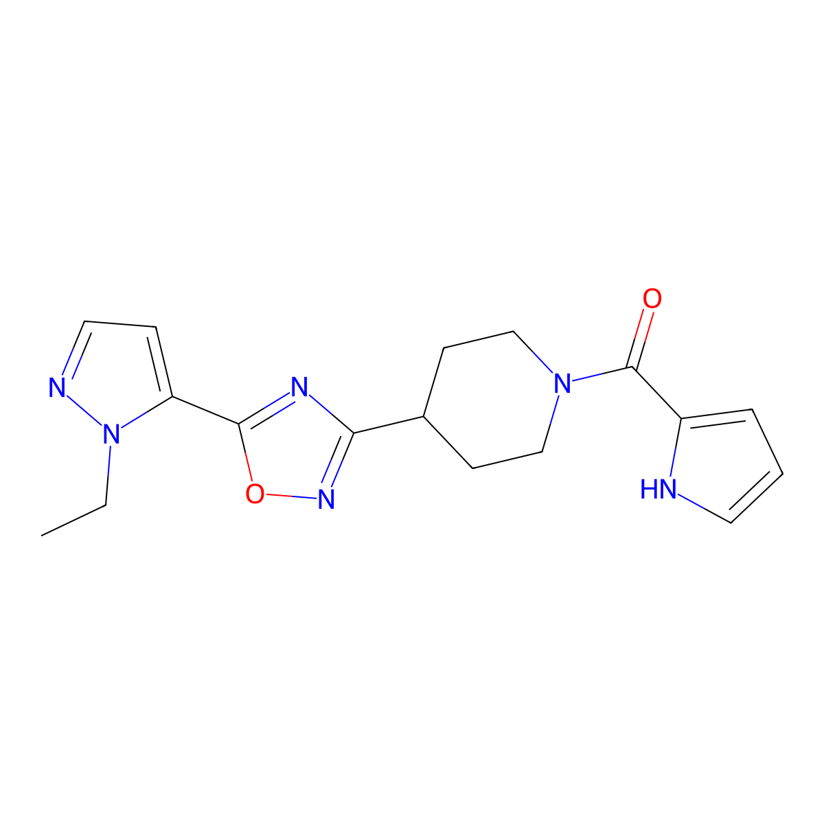 4-[5-(1-ethyl-1H-pyrazol-5-yl)-1,2,4-oxadiazol-3-yl]-1-(1H-pyrrole-2-carbonyl)piperidine molecular structure, CAS 2034345-54-3