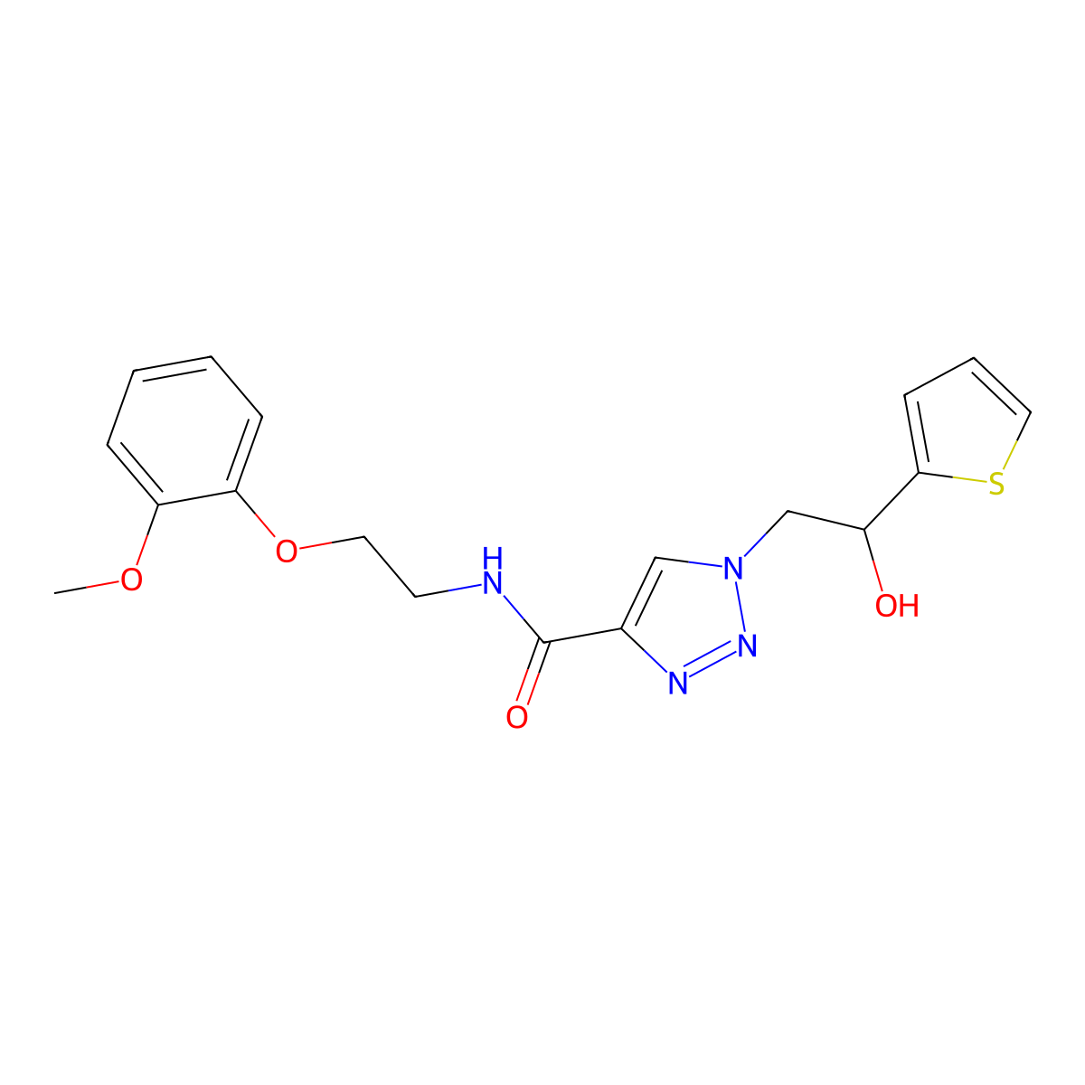 1-(2-hydroxy-2-(thiophen-2-yl)ethyl)-N-(2-(2-methoxyphenoxy)ethyl)-1H-1,2,3-triazole-4-carboxamide molecular structure, CAS 2034345-58-7