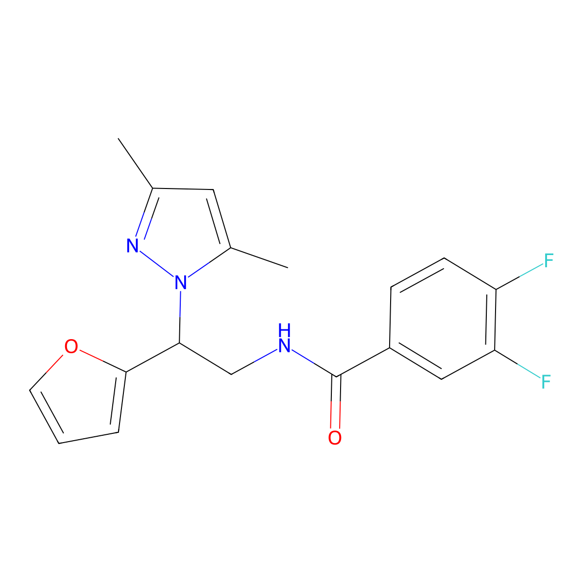 N-[2-(3,5-dimethyl-1H-pyrazol-1-yl)-2-(furan-2-yl)ethyl]-3,4-difluorobenzamide molecular structure, CAS 2034345-64-5