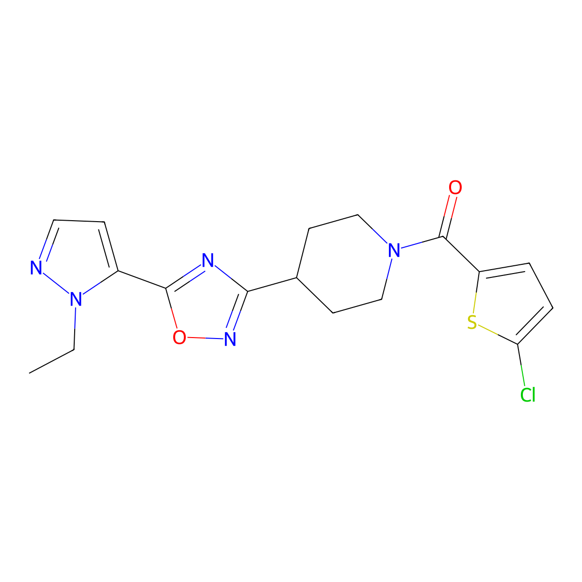 (5-chlorothiophen-2-yl)(4-(5-(1-ethyl-1H-pyrazol-5-yl)-1,2,4-oxadiazol-3-yl)piperidin-1-yl)methanone molecular structure, CAS 2034345-65-6