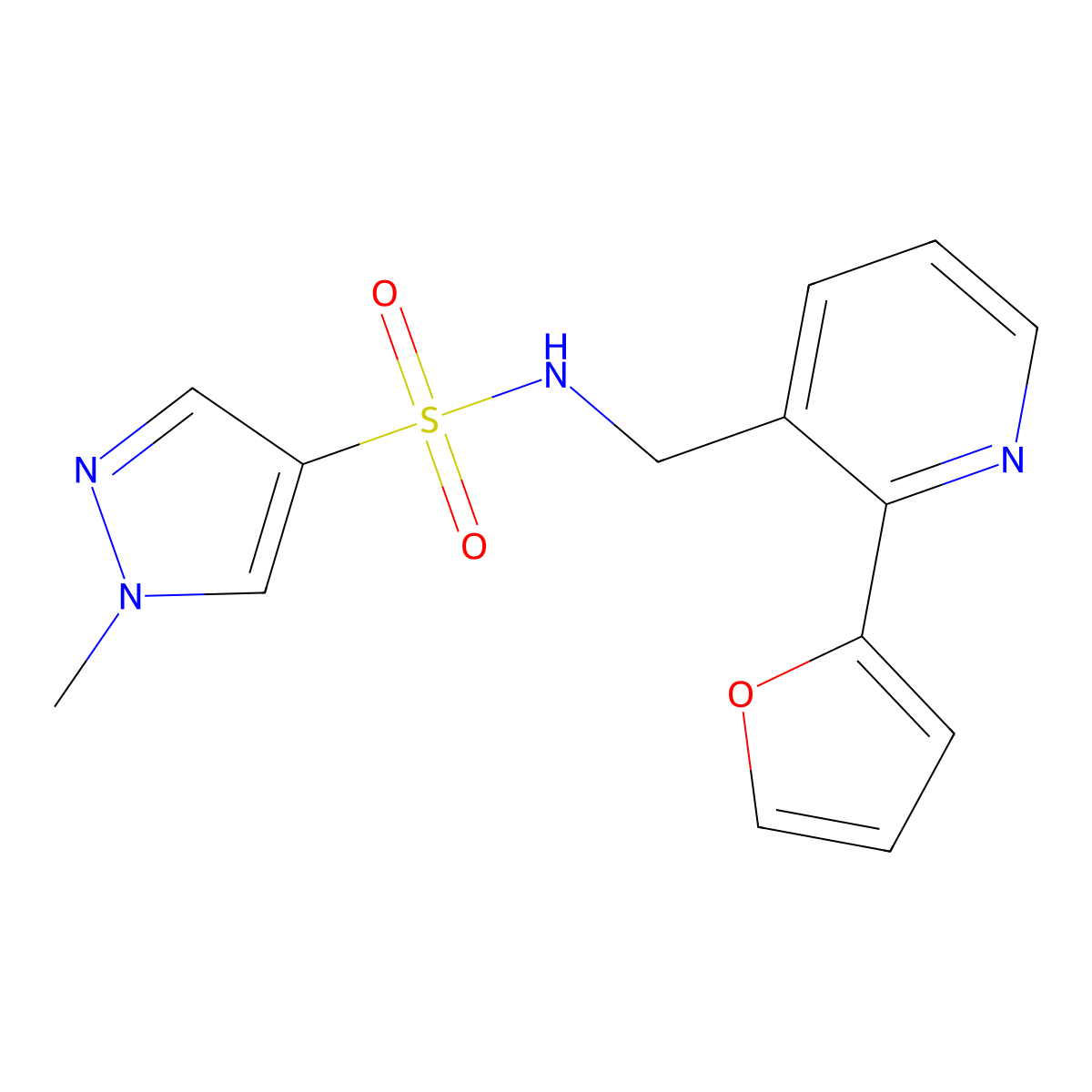 N-((2-(furan-2-yl)pyridin-3-yl)methyl)-1-methyl-1H-pyrazole-4-sulfonamide molecular structure, CAS 2034345-71-4