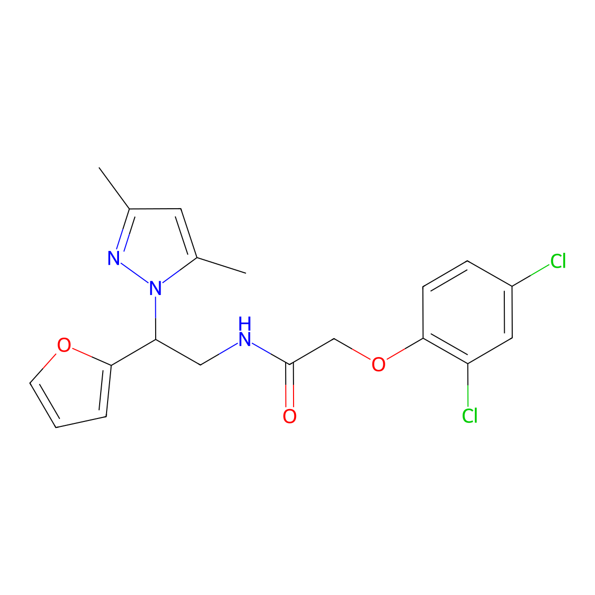 2-(2,4-dichlorophenoxy)-N-[2-(3,5-dimethyl-1H-pyrazol-1-yl)-2-(furan-2-yl)ethyl]acetamide molecular structure, CAS 2034345-77-0