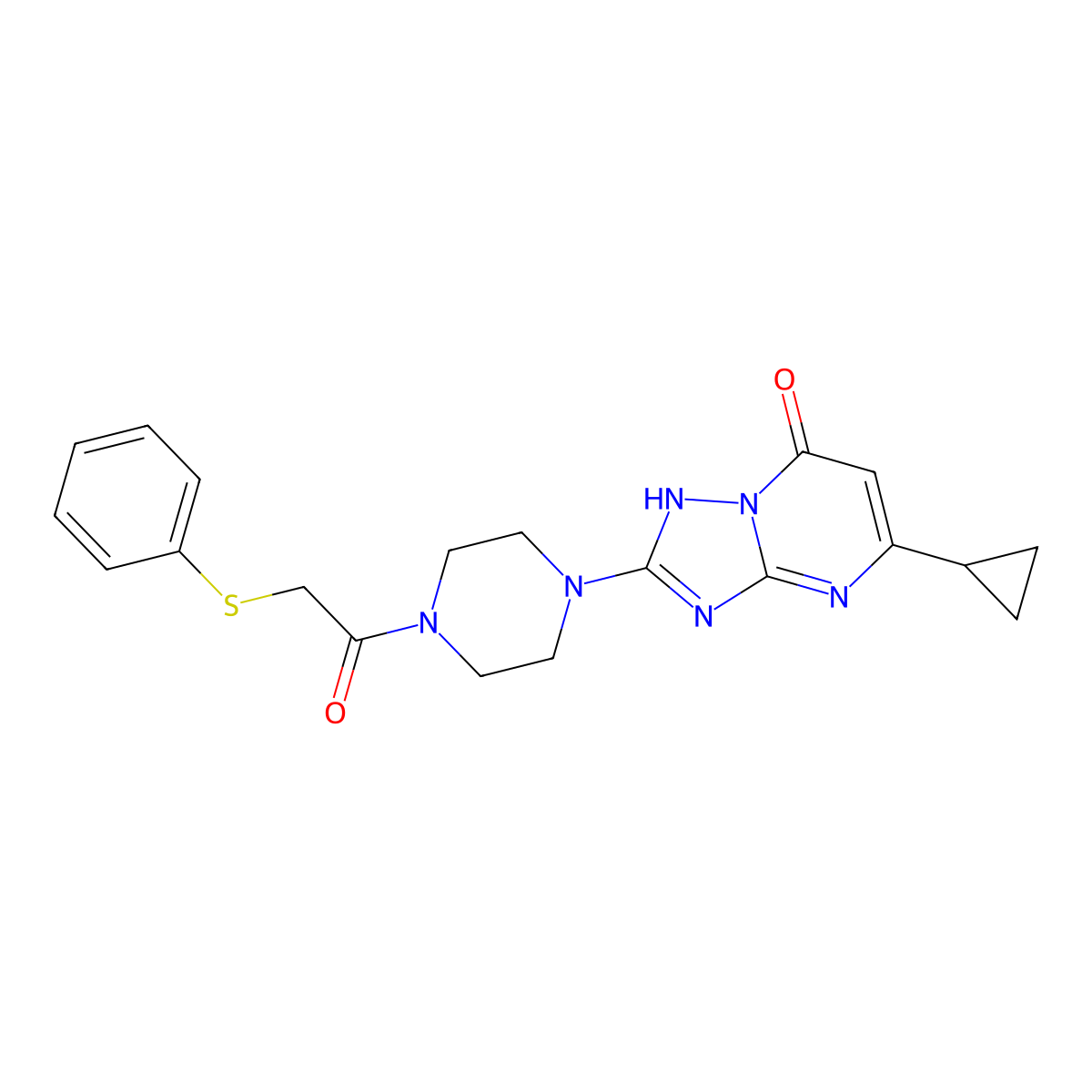 5-cyclopropyl-2-(4-(2-(phenylthio)acetyl)piperazin-1-yl)-[1,2,4]triazolo[1,5-a]pyrimidin-7(4H)-one molecular structure, CAS 2034345-82-7