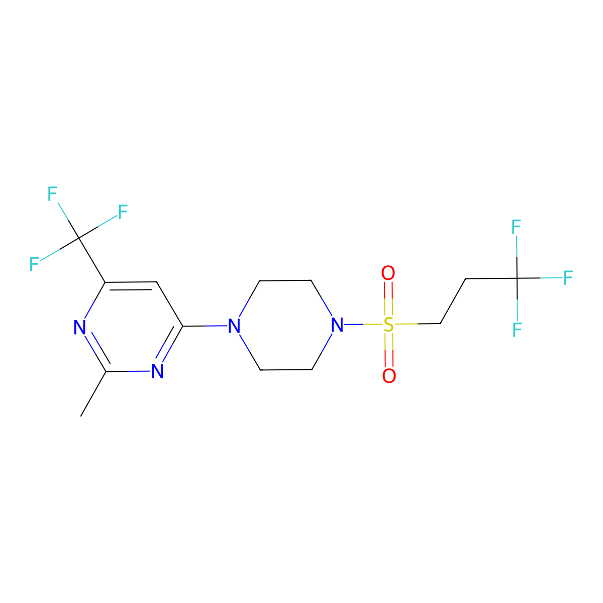 2-Methyl-4-(trifluoromethyl)-6-(4-((3,3,3-trifluoropropyl)sulfonyl)piperazin-1-yl)pyrimidine molecular structure, CAS 2034345-87-2