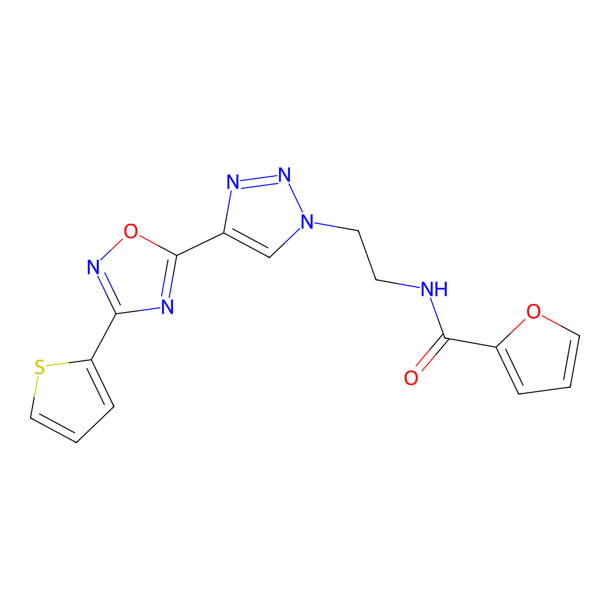 N-(2-(4-(3-(thiophen-2-yl)-1,2,4-oxadiazol-5-yl)-1H-1,2,3-triazol-1-yl)ethyl)furan-2-carboxamide molecular structure, CAS 2034345-98-5