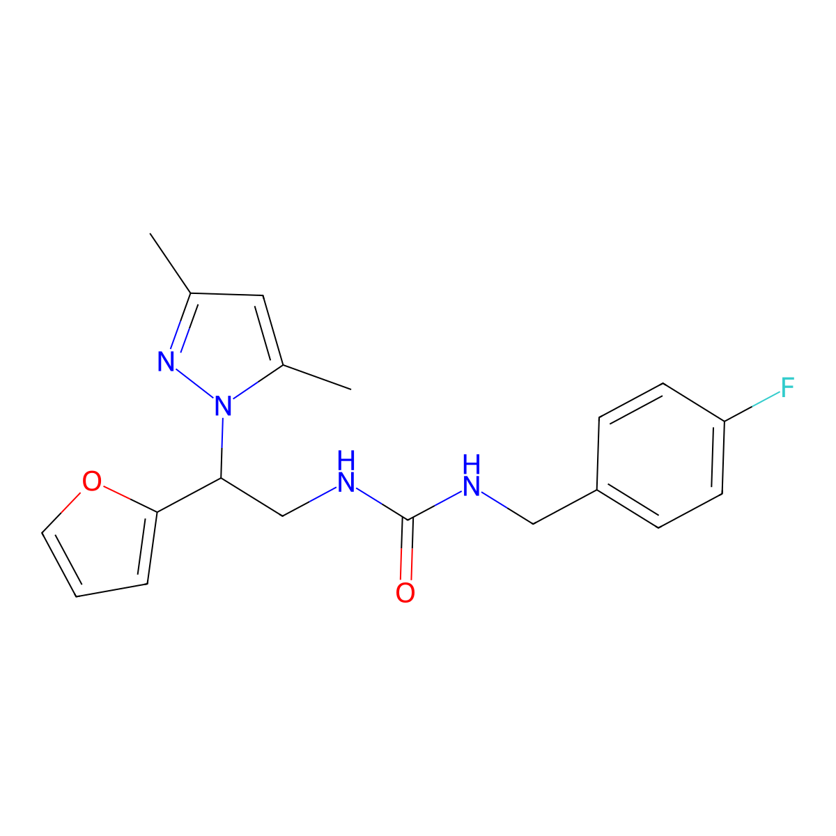 1-(2-(3,5-dimethyl-1H-pyrazol-1-yl)-2-(furan-2-yl)ethyl)-3-(4-fluorobenzyl)urea molecular structure, CAS 2034346-03-5