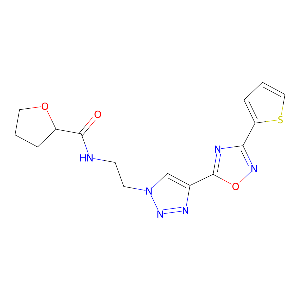 N-(2-(4-(3-(thiophen-2-yl)-1,2,4-oxadiazol-5-yl)-1H-1,2,3-triazol-1-yl)ethyl)tetrahydrofuran-2-carboxamide molecular structure, CAS 2034346-07-9