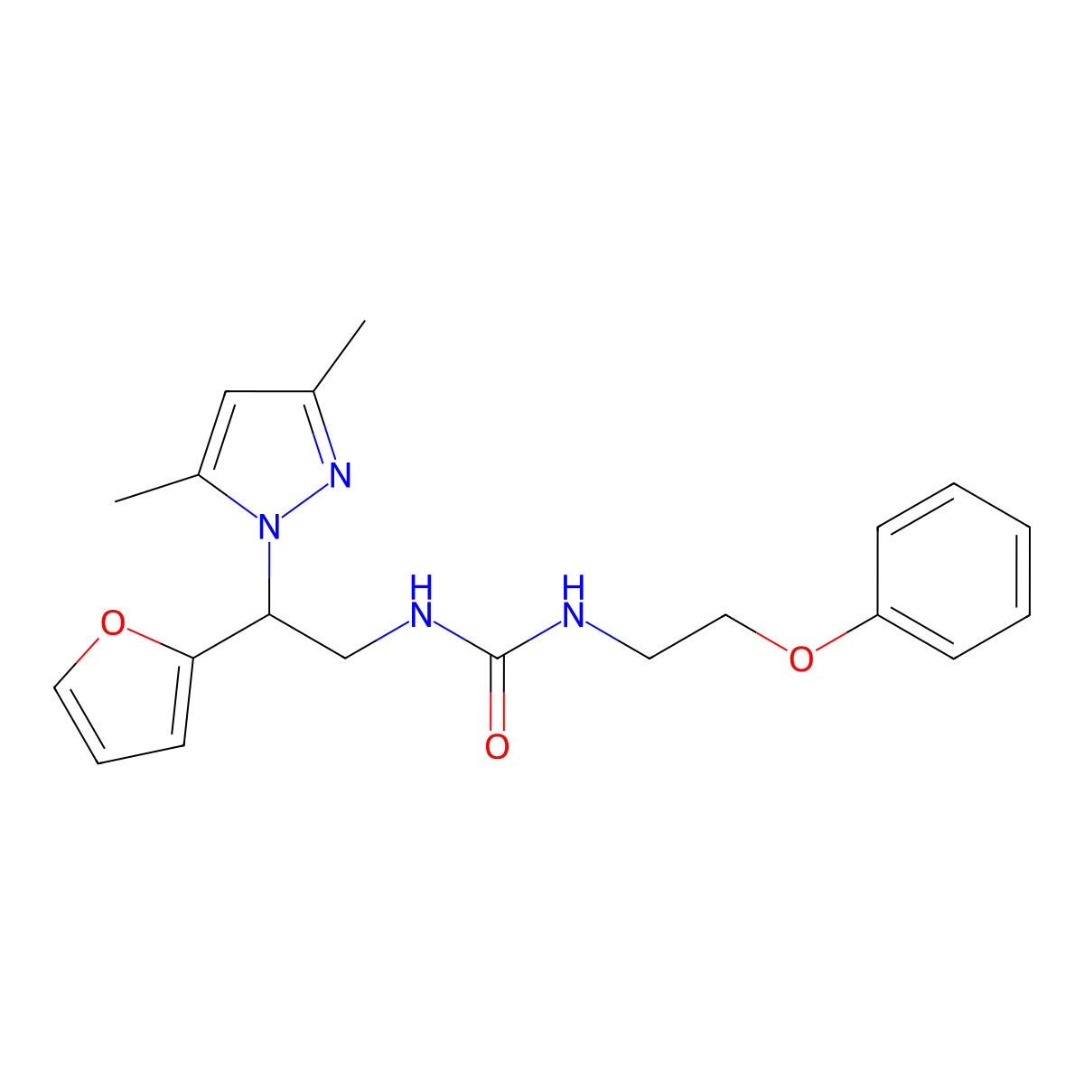 1-(2-(3,5-dimethyl-1H-pyrazol-1-yl)-2-(furan-2-yl)ethyl)-3-(2-phenoxyethyl)urea molecular structure, CAS 2034346-11-5