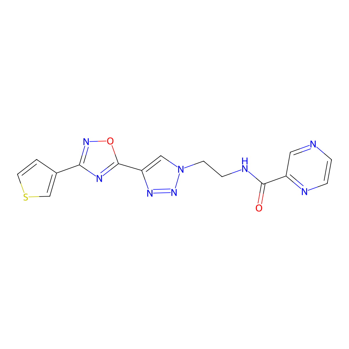 N-(2-{4-[3-(thiophen-3-yl)-1,2,4-oxadiazol-5-yl]-1H-1,2,3-triazol-1-yl}ethyl)pyrazine-2-carboxamide molecular structure, CAS 2034346-13-7