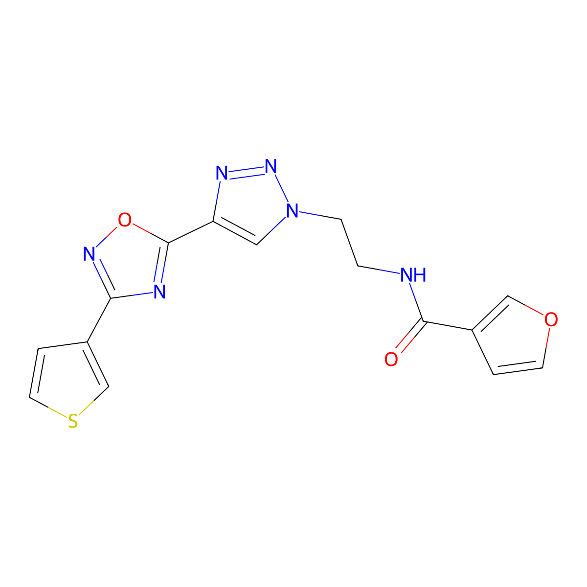 N-(2-(4-(3-(thiophen-3-yl)-1,2,4-oxadiazol-5-yl)-1H-1,2,3-triazol-1-yl)ethyl)furan-3-carboxamide molecular structure, CAS 2034346-23-9