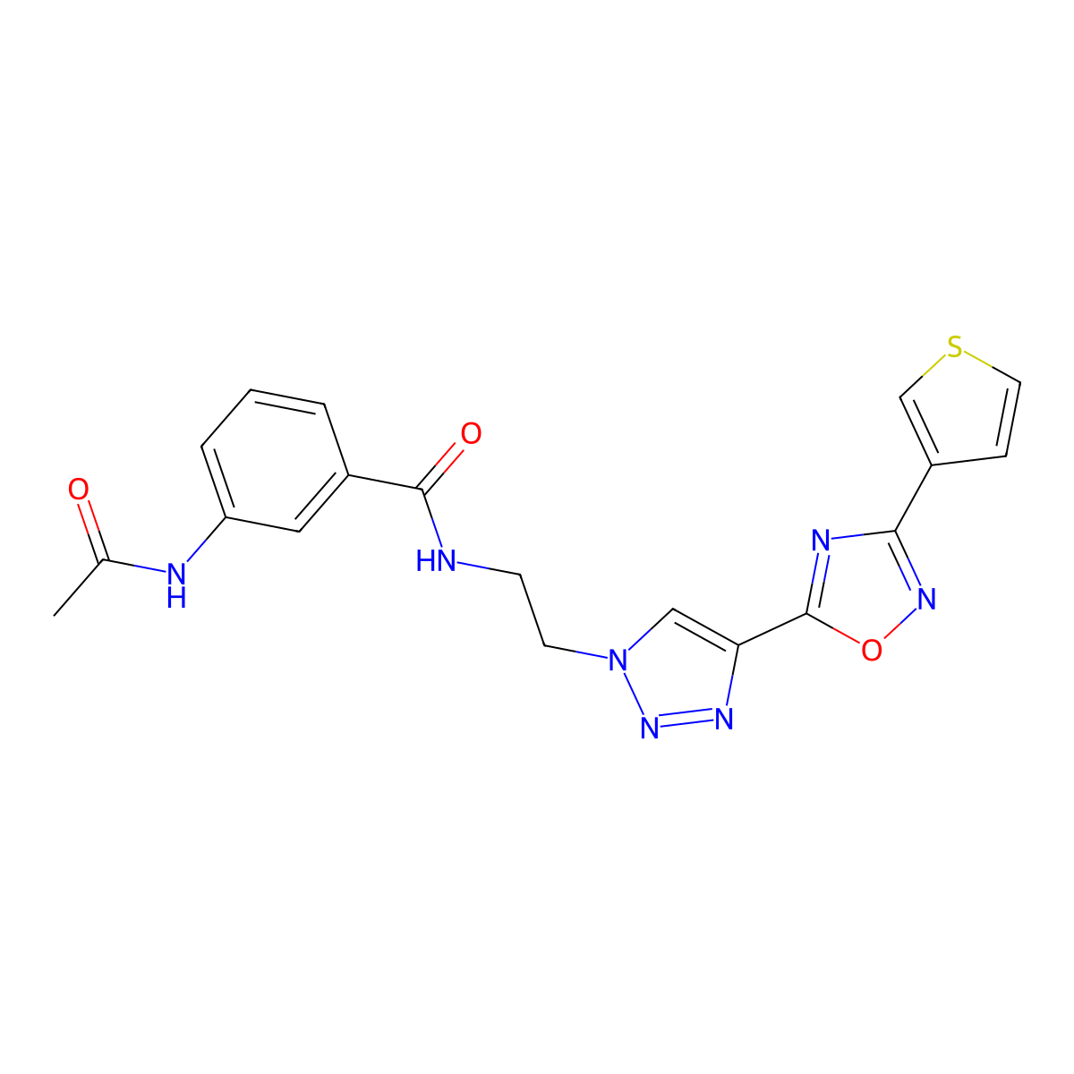 3-acetamido-N-(2-{4-[3-(thiophen-3-yl)-1,2,4-oxadiazol-5-yl]-1H-1,2,3-triazol-1-yl}ethyl)benzamide molecular structure, CAS 2034346-30-8
