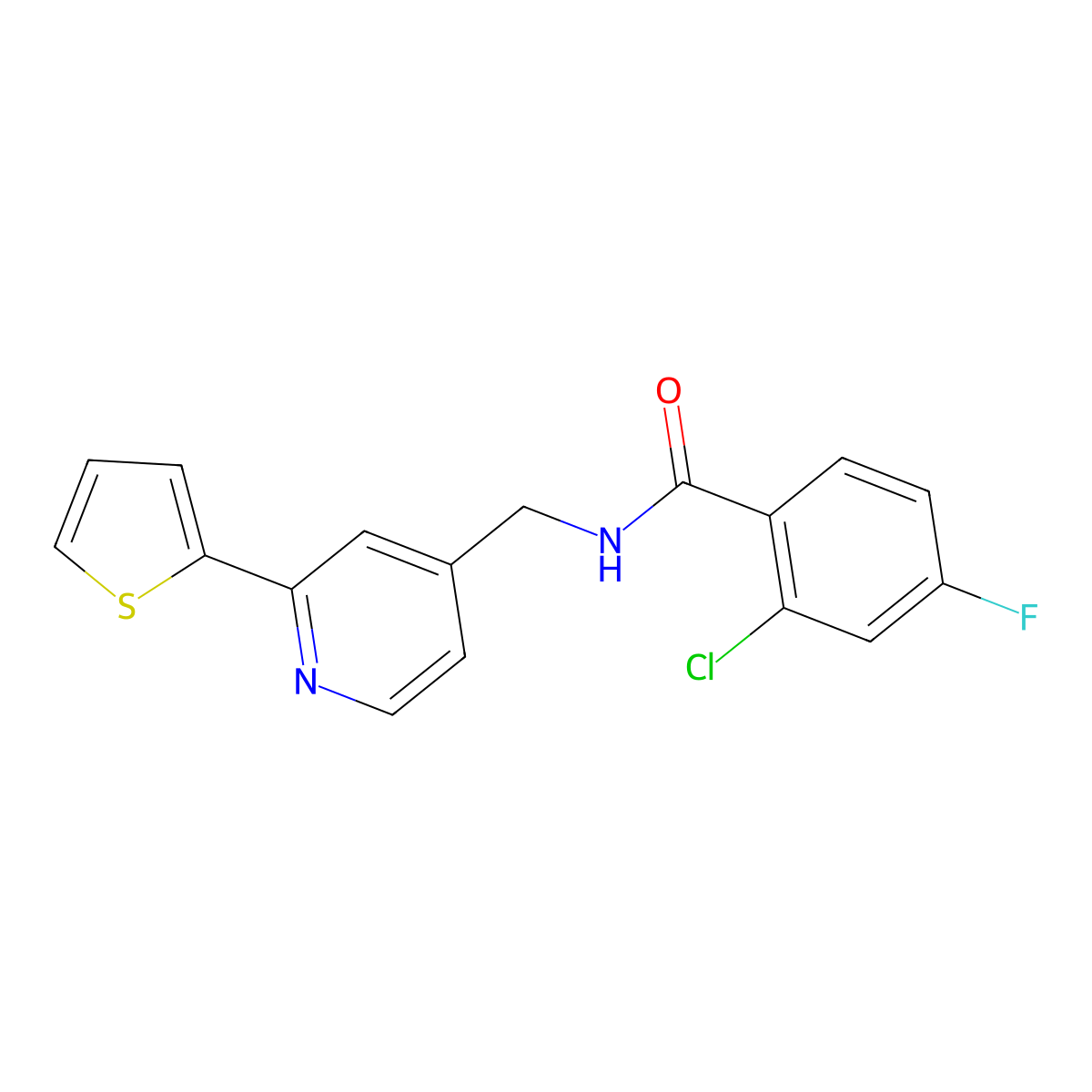 2-chloro-4-fluoro-N-((2-(thiophen-2-yl)pyridin-4-yl)methyl)benzamide molecular structure, CAS 2034346-40-0
