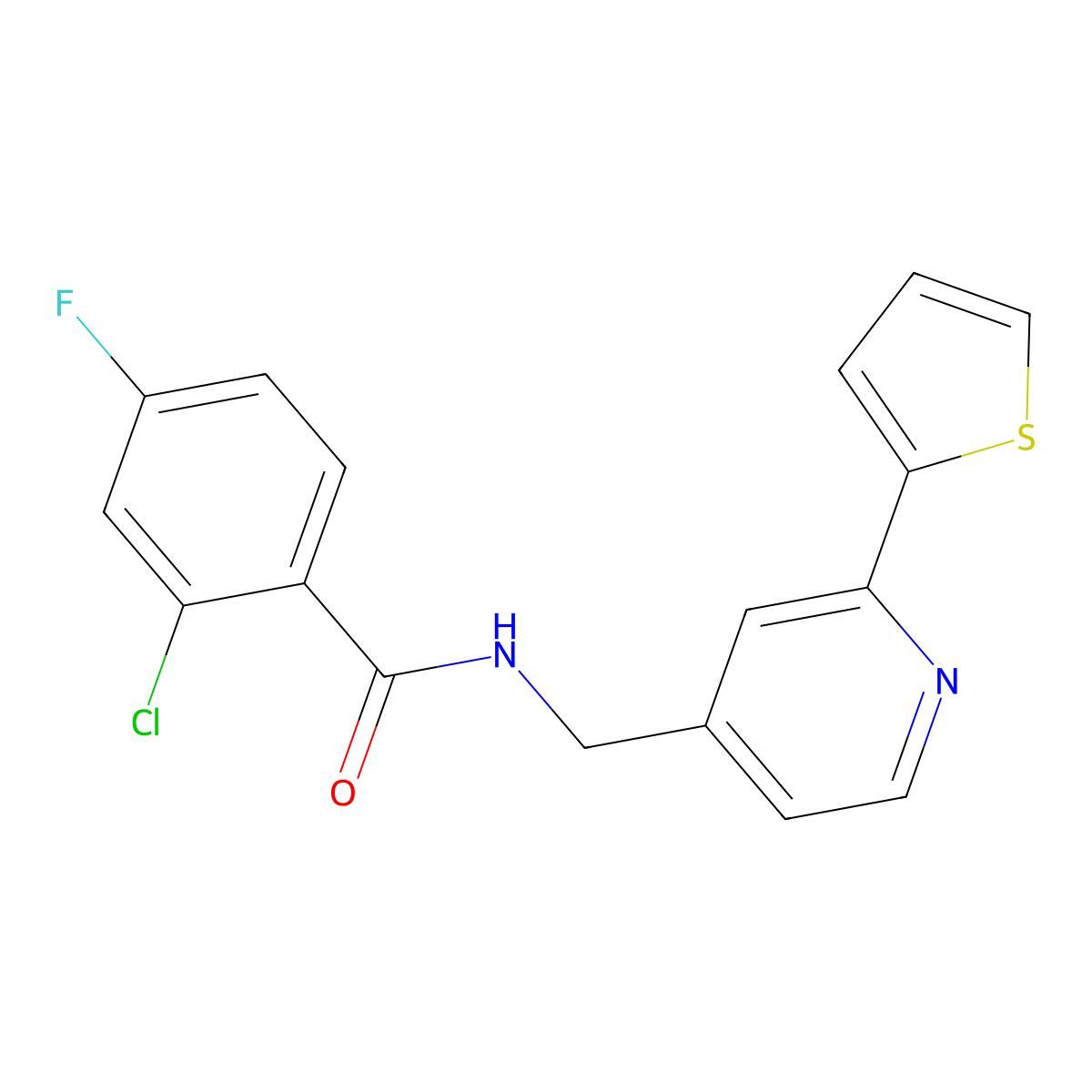 2-chloro-4-fluoro-N-((2-(thiophen-2-yl)pyridin-4-yl)methyl)benzamide molecular structure, CAS 2034346-40-0