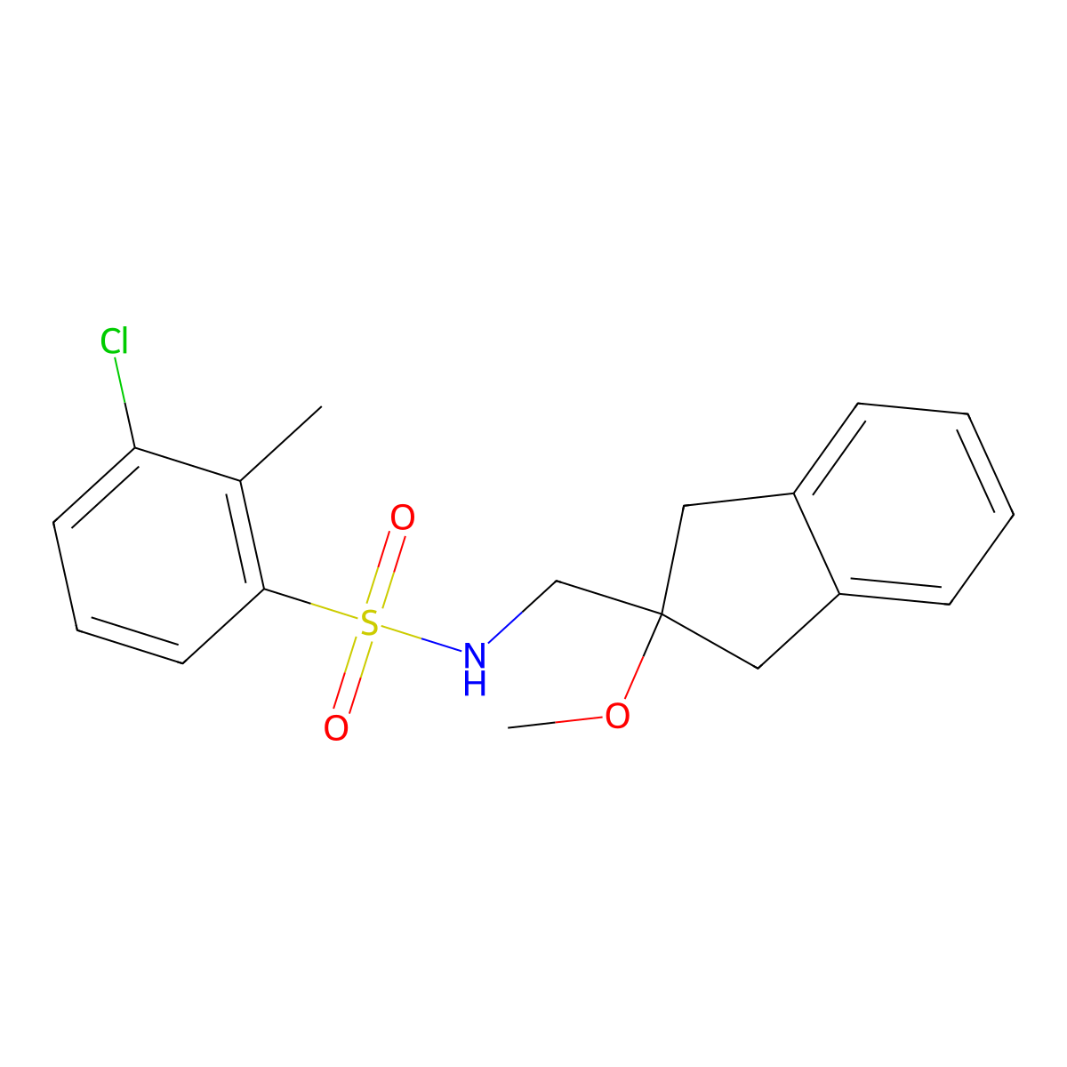 3-chloro-N-((2-methoxy-2,3-dihydro-1H-inden-2-yl)methyl)-2-methylbenzenesulfonamide molecular structure, CAS 2034346-97-7