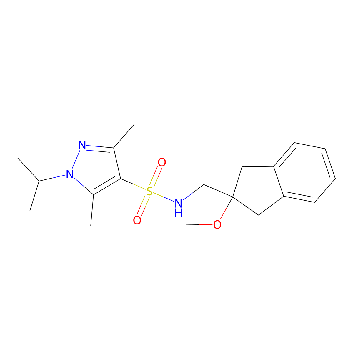 1-isopropyl-N-((2-methoxy-2,3-dihydro-1H-inden-2-yl)methyl)-3,5-dimethyl-1H-pyrazole-4-sulfonamide molecular structure, CAS 2034347-17-4