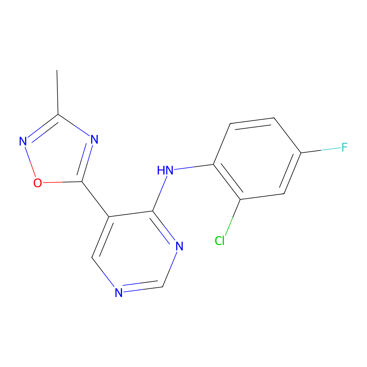 N-(2-chloro-4-fluorophenyl)-5-(3-methyl-1,2,4-oxadiazol-5-yl)pyrimidin-4-amine molecular structure, CAS 2034347-30-1