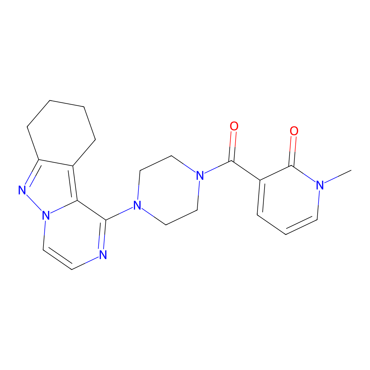 1-methyl-3-(4-(7,8,9,10-tetrahydropyrazino[1,2-b]indazol-1-yl)piperazine-1-carbonyl)pyridin-2(1H)-one molecular structure, CAS 2034347-41-4