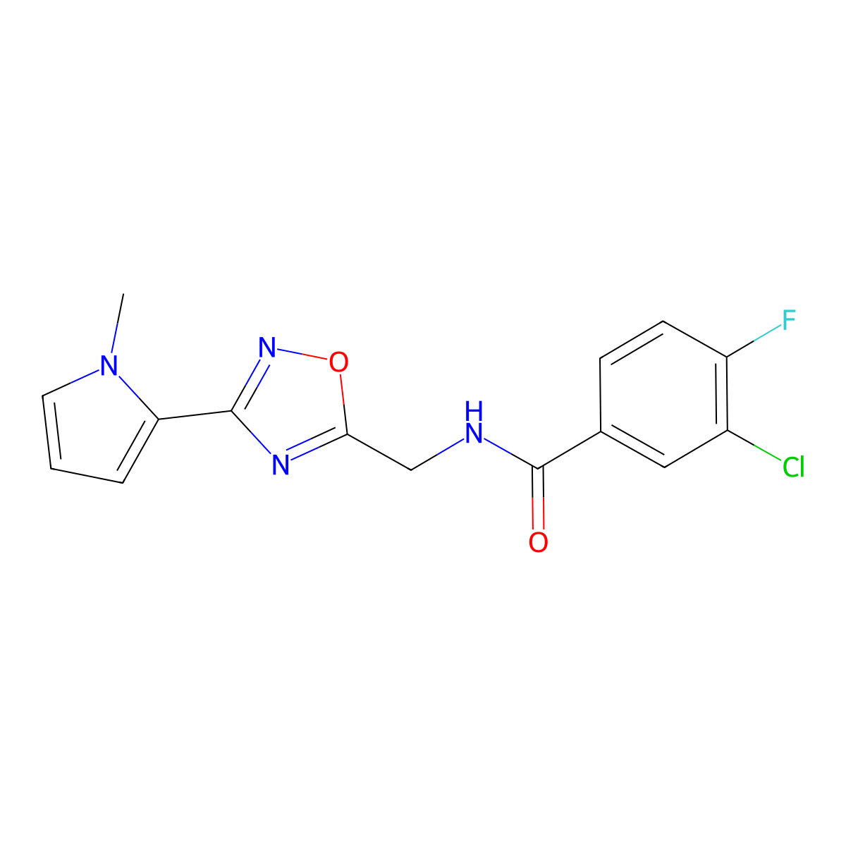 3-chloro-4-fluoro-N-{[3-(1-methyl-1H-pyrrol-2-yl)-1,2,4-oxadiazol-5-yl]methyl}benzamide molecular structure, CAS 2034347-50-5