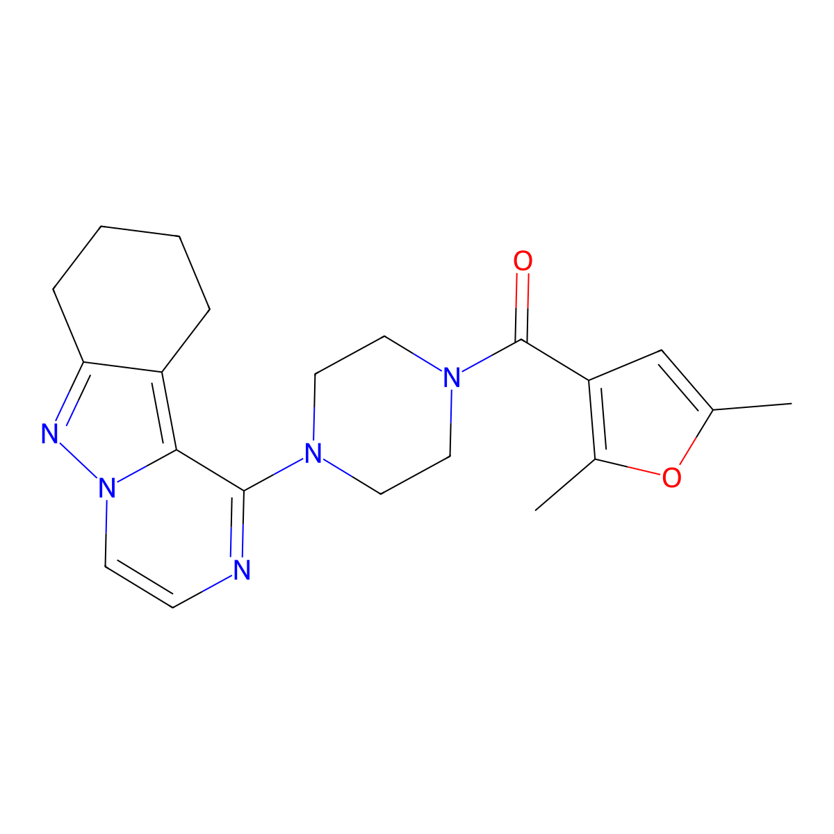 (2,5-Dimethylfuran-3-yl)(4-(7,8,9,10-tetrahydropyrazino[1,2-b]indazol-1-yl)piperazin-1-yl)methanone molecular structure, CAS 2034347-53-8