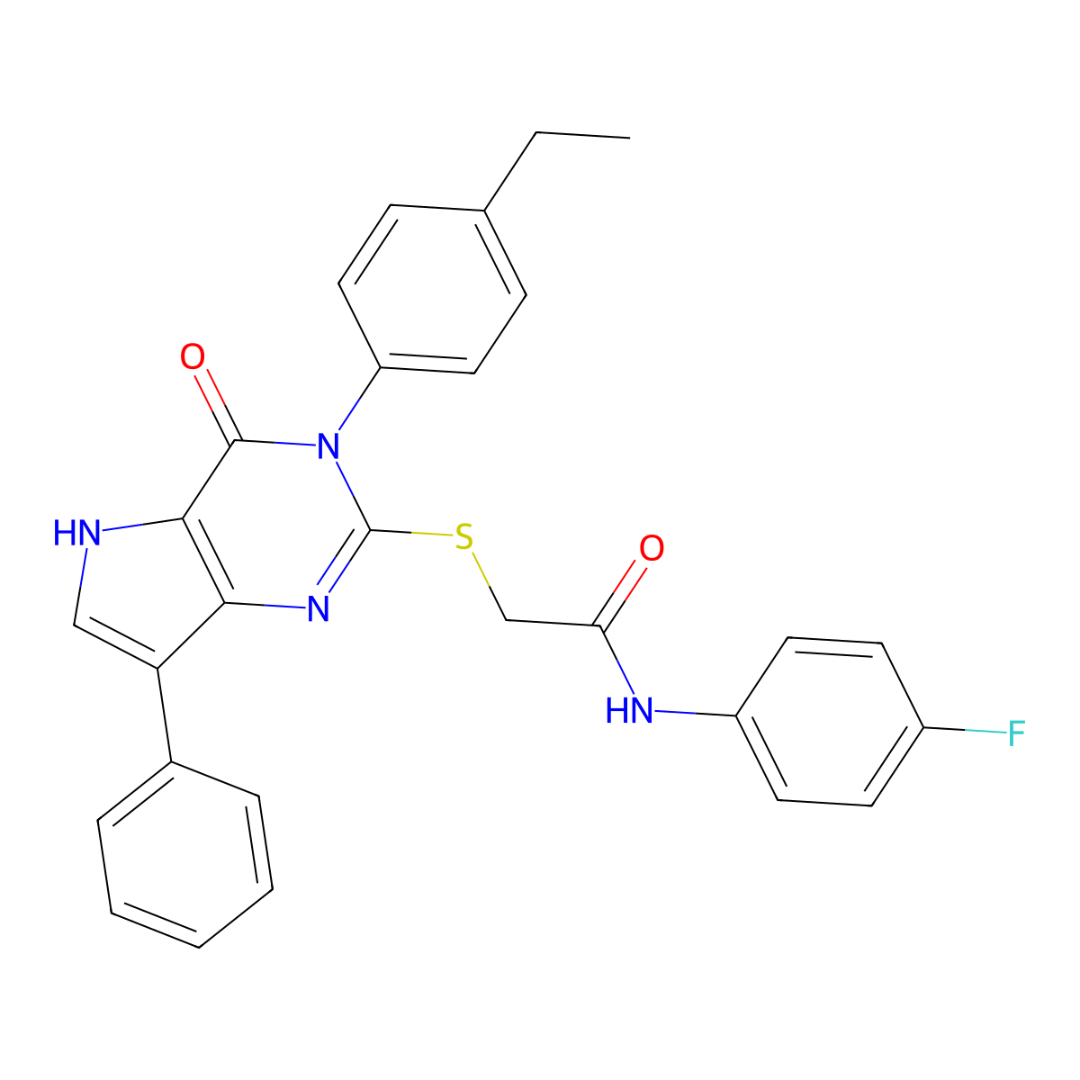 2-((3-(4-ethylphenyl)-4-oxo-7-phenyl-4,5-dihydro-3H-pyrrolo[3,2-d]pyrimidin-2-yl)thio)-N-(4-fluorophenyl)acetamide molecular structure, CAS 2034347-58-3