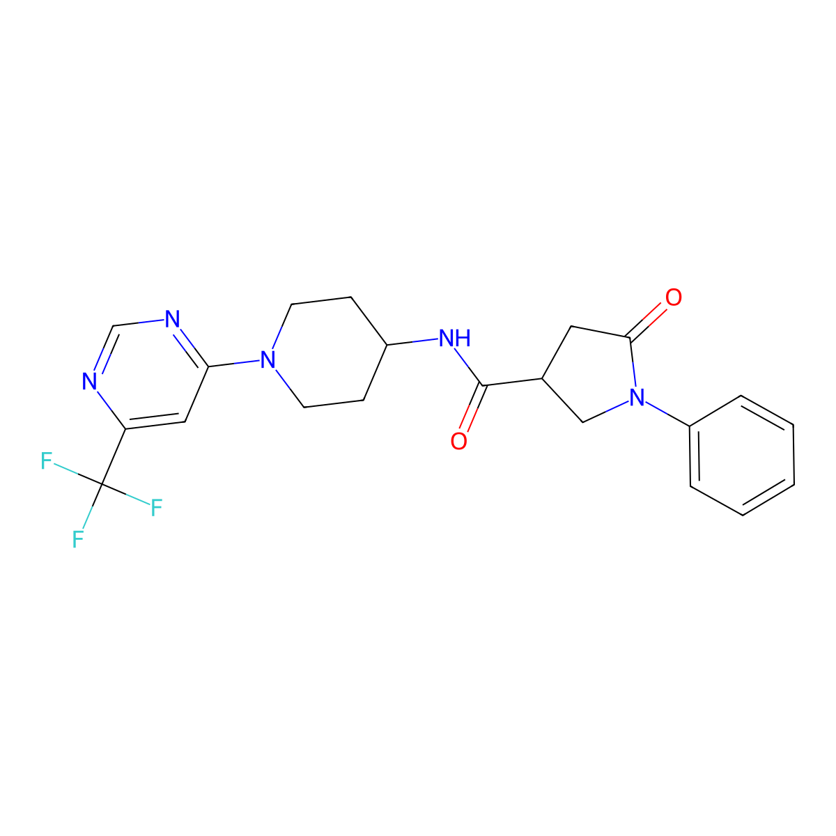 5-oxo-1-phenyl-N-{1-[6-(trifluoromethyl)pyrimidin-4-yl]piperidin-4-yl}pyrrolidine-3-carboxamide molecular structure, CAS 2034347-75-4