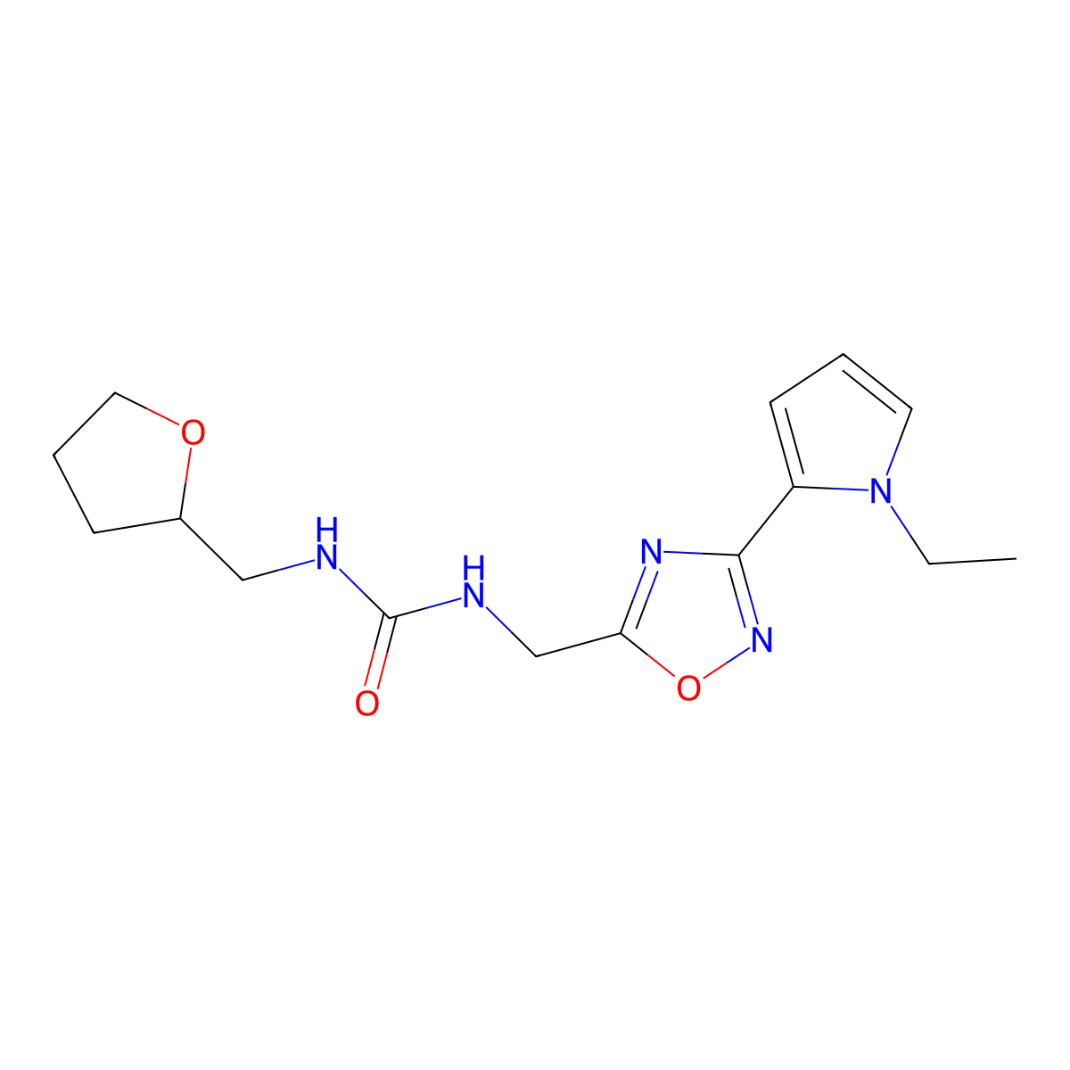 1-((3-(1-ethyl-1H-pyrrol-2-yl)-1,2,4-oxadiazol-5-yl)methyl)-3-((tetrahydrofuran-2-yl)methyl)urea molecular structure, CAS 2034347-78-7
